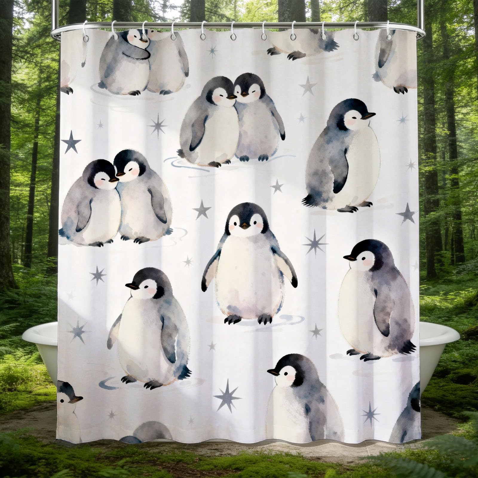 Hongduo 3D Cute Penguin Shower Curtain for Stalls Bathtubs Animal Pattern Bathroom Decor Shower Curtain Set Polyester Fabric Waterproof 180x200cm/71X79 Inch with Hooks