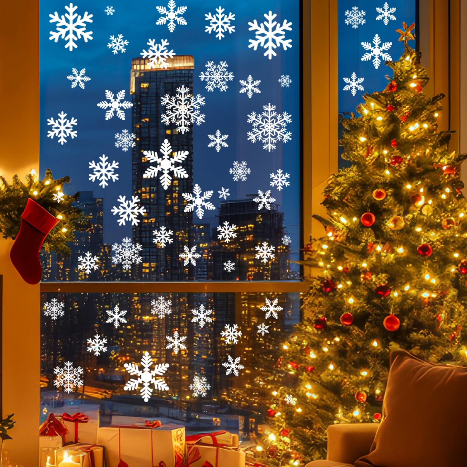 144 Stück Weihnachts-Schneeflocken-Fensteraufkleber, Weihnachts-Fensterdekorationen, Weihnachtsaufkleber, Dekoration für Glas, Innenurlaub, Winter-Schneeflocken-Aufkleber für Zuhause, Party