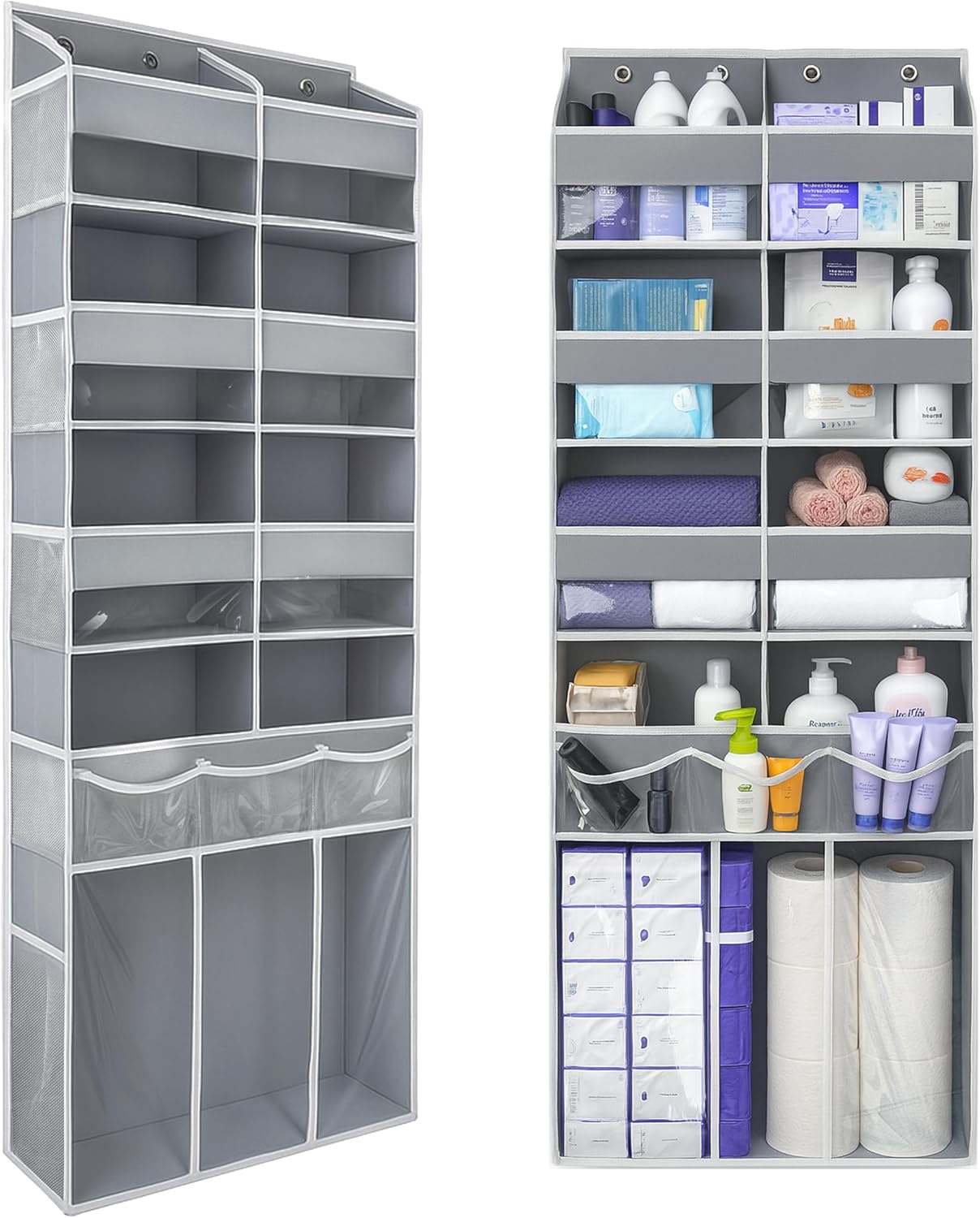 EZVERY Extra Large Over The Door Organizer with Clear Pockets - 8 Compartments & XL Bottom Storage, Heavy-Duty Hanging Organizer for Bathroom, Bedroom, Closet (57 Inch Height).