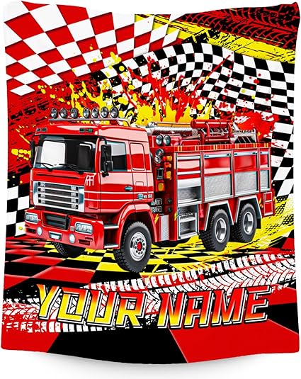 Boys Blanket, Fire Truck Blanket for Boys, Personalized Throw with Name, Custom Car Gifts for Kids, Warm Fleece Throw for Couch & Sofa, 40"x50"