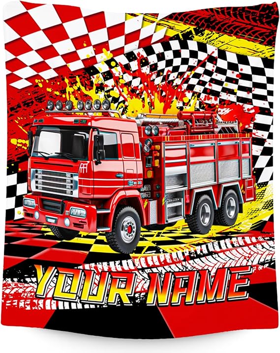 Boys Blanket, Fire Truck Blanket for Boys, Personalized Throw with Name, Custom Car Gifts for Kids, Warm Fleece Throw for Couch & Sofa, 40"x50"
