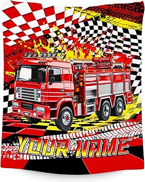 Boys Blanket, Fire Truck Blanket for Boys, Personalized Throw with Name, Custom Car Gifts for Kids, Warm Fleece Throw for Couch & Sofa, 40"x50"