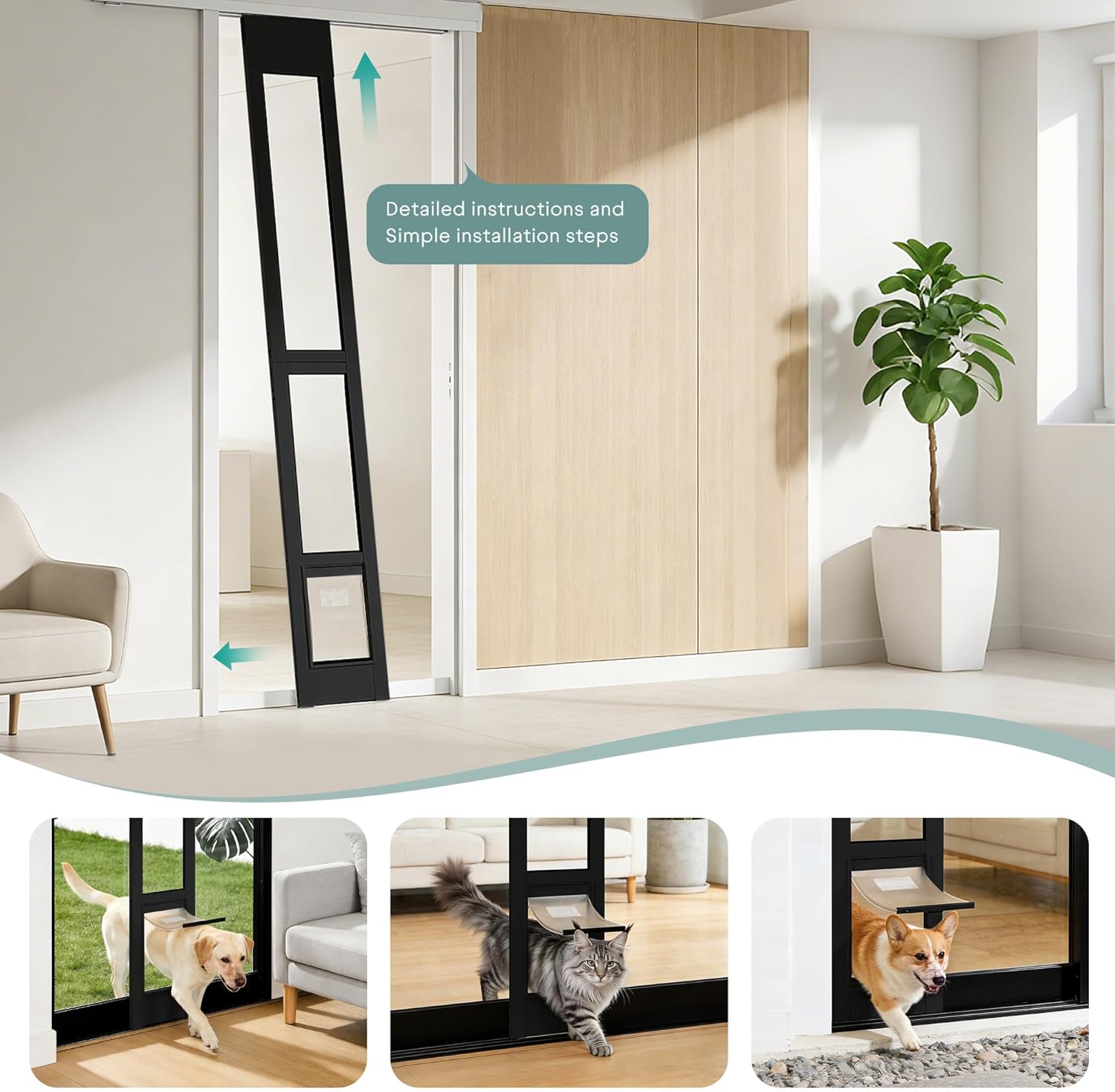 Sliding Glass Door Pet Door Insert with Lock – All-Metal Frame & Magnetic Flat Closure, No-Cut Doggie Door for Large Dogs, Adjustable Height (75 7/8" - 81") M-Black