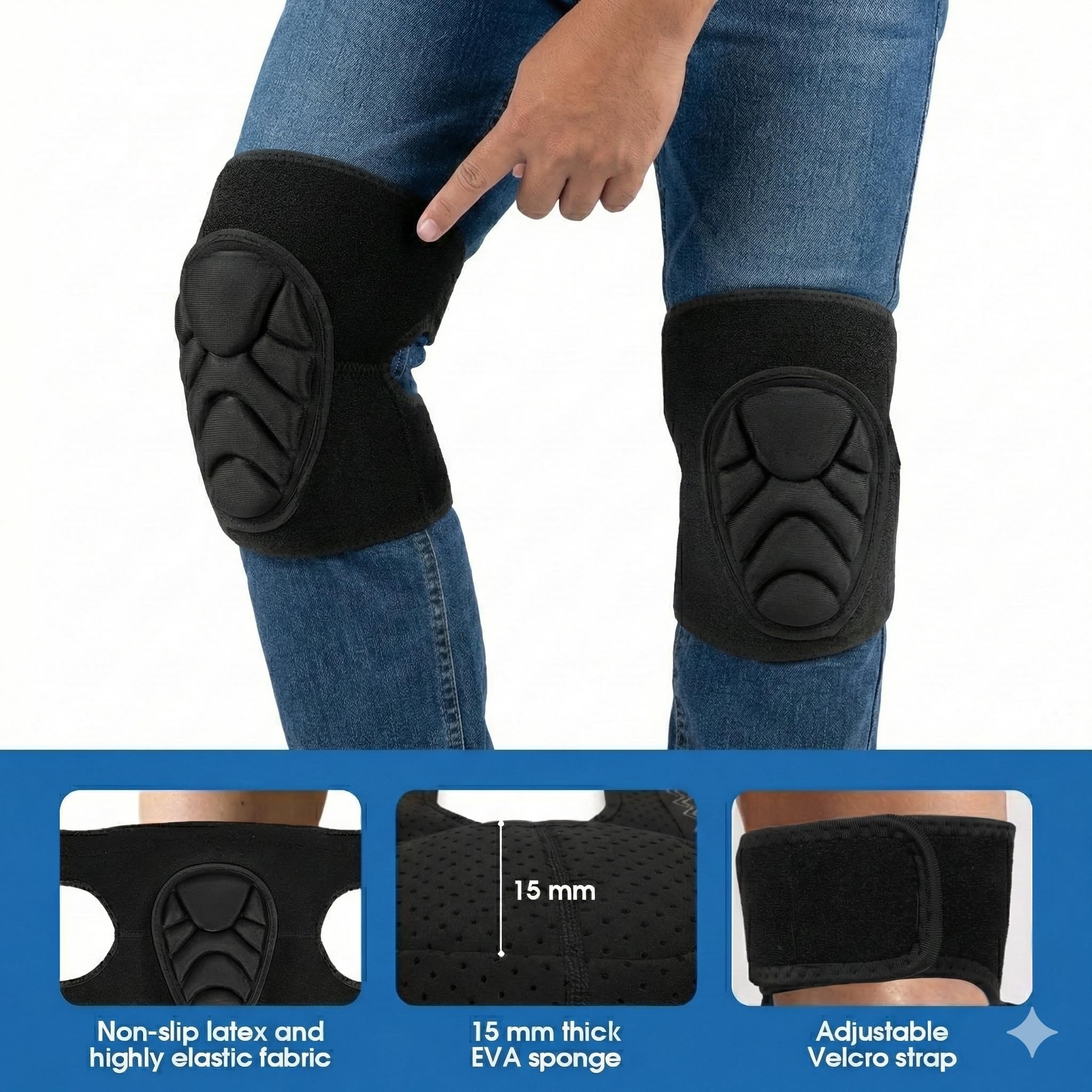 Rodilleras para adultos para jardinería, correa antideslizante ajustable con espuma EVA gruesa para limpieza de casa, reparaciones, extensión de suelo, voleibol, fútbol, danza (grande)