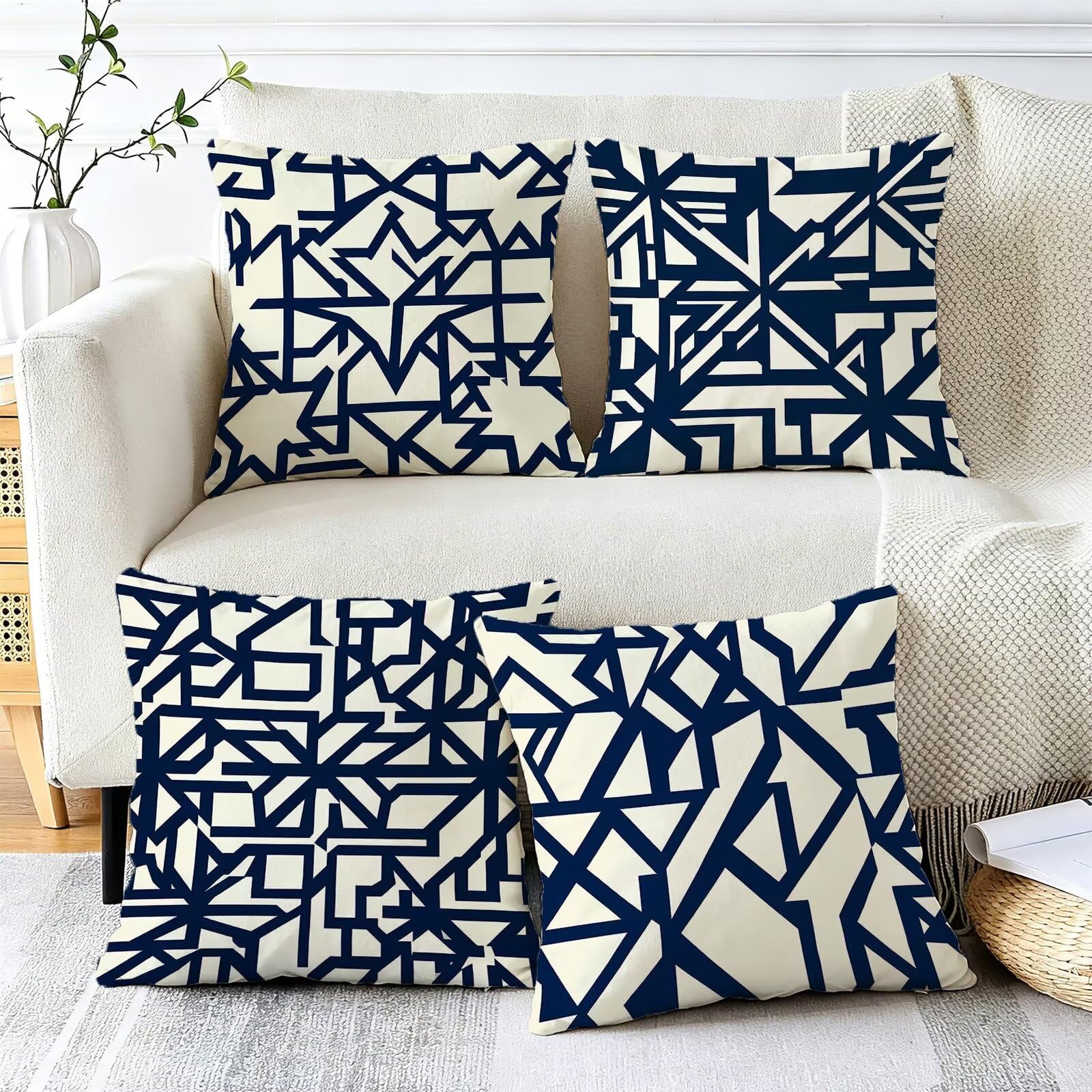 Blu Federe Cuscini Divano 60x60cm, Cuscini da Esterno Set de 4, Cod-114 | Lin Copricuscini Decorativi Letto Arredo, per Letto, Soggiorno, Giardino, Esterno, Casa Decorazione Set di 4 Linea