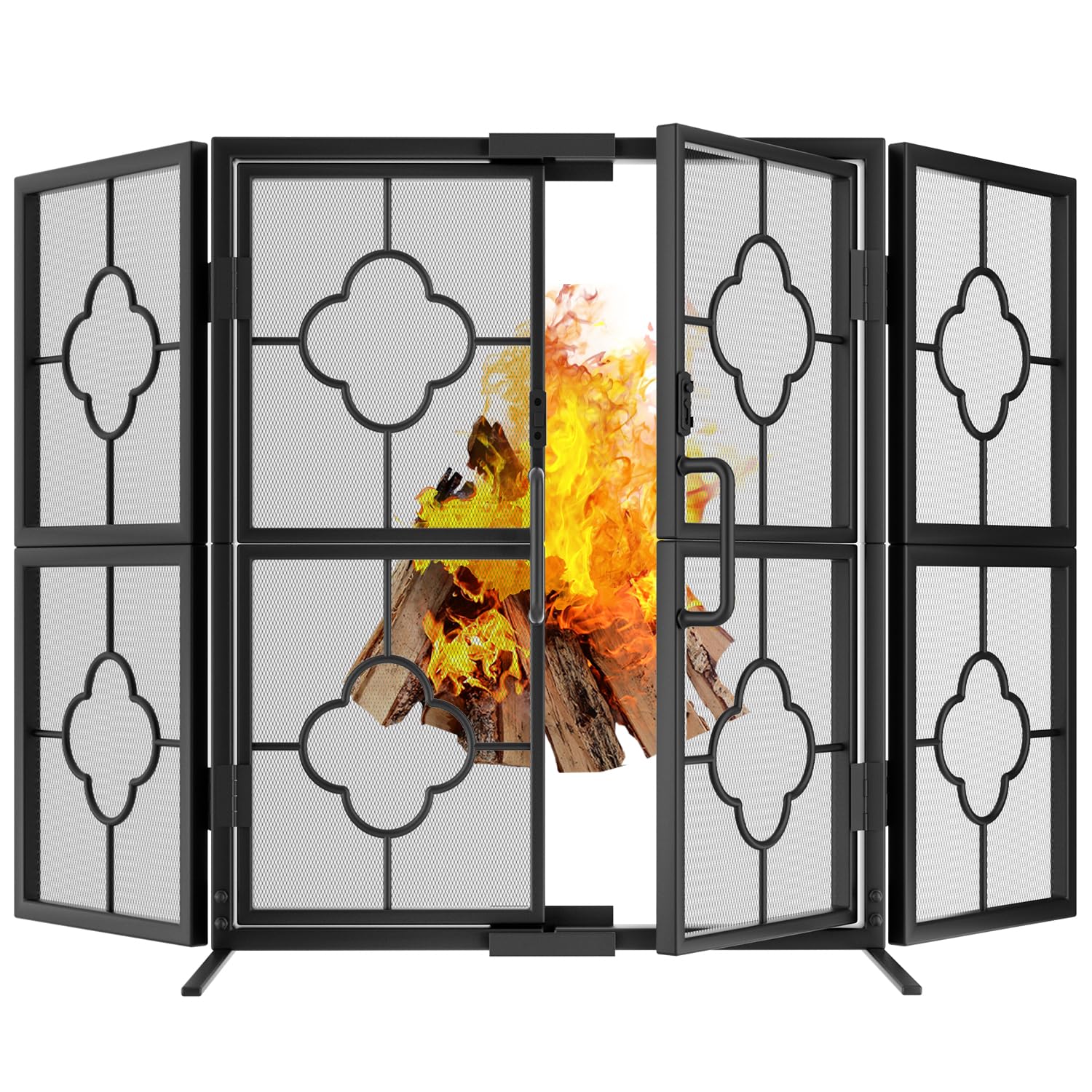 Amagabeli 3 Panel Fireplace Screen with Doors 48" W x 28" H Foldable Wrought Iron Heavy Duty Metal Modern Decorative Fireplace Spark Guard Cover Handcrafted Solid Mesh Stand Alone Screen for Fire