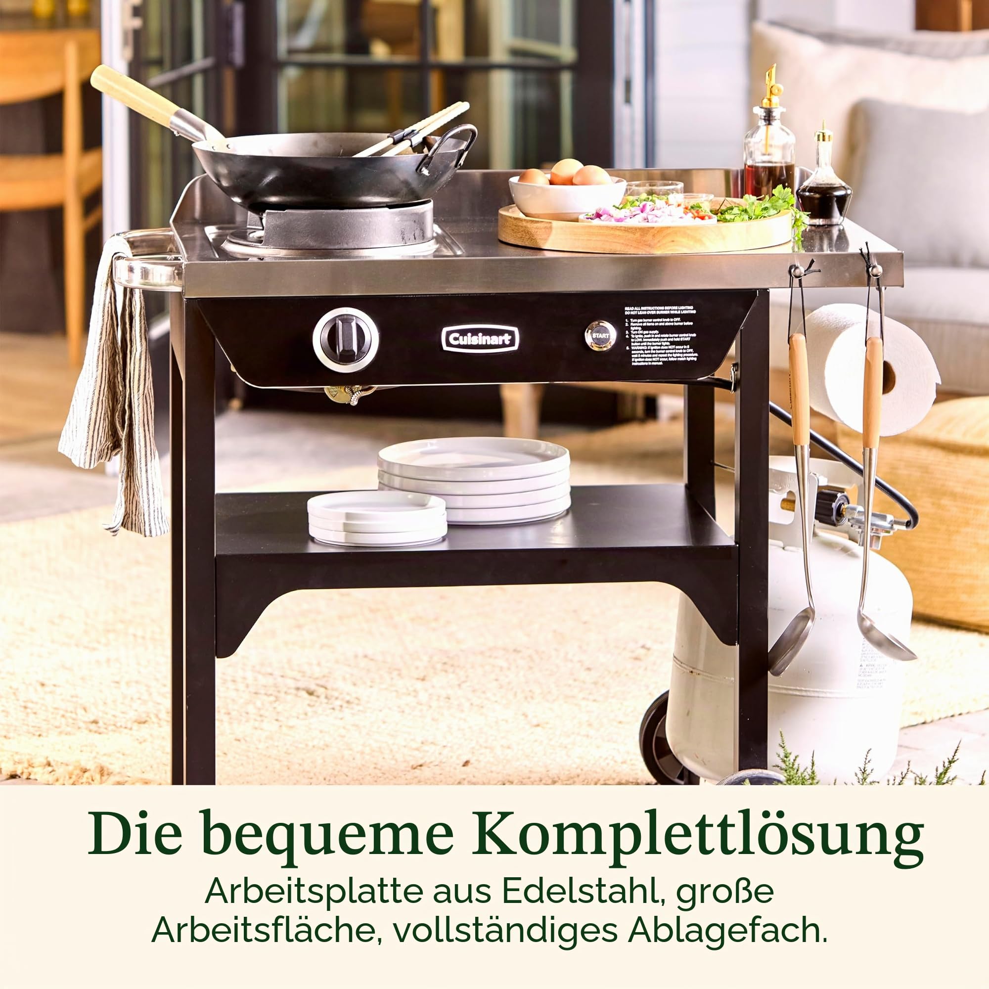 Cuisinart Outdoor Wok Station, 50.000 BTU Propan Outdoor Wok Burner with Prep Table, 35.6 cm Carbon Steel Fry Pan, Stainless Steel Side Table, Storage, Outdoor Cooking Station for Stir Fry, Searing