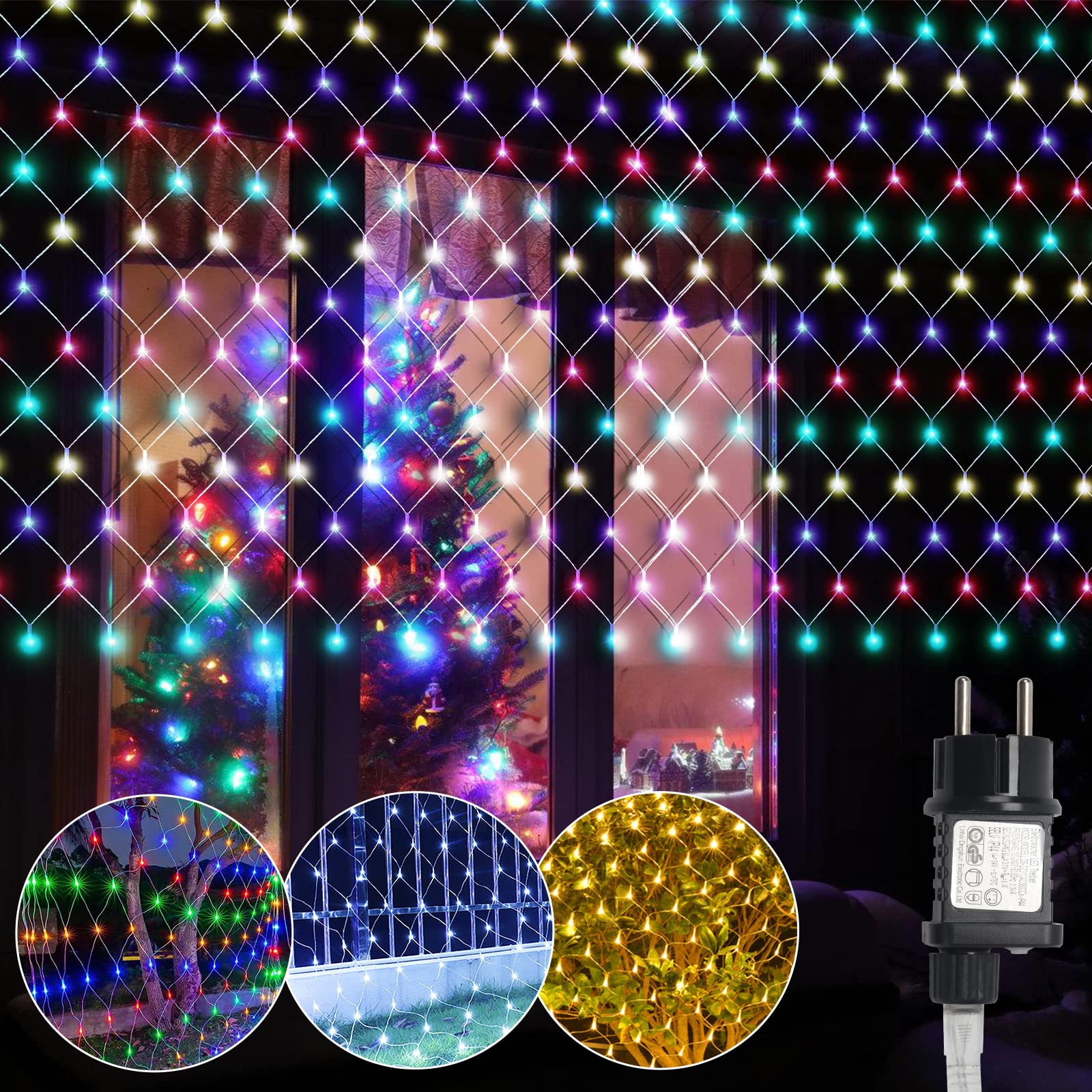 2 x siatka świetlna LED, 2 x 2 m, 200 diod LED, łańcuch świetlny, 8 trybów pracy, zasłona świetlna z wtyczką, oświetlenie bożonarodzeniowe do wewnątrz i na zewnątrz, klasa wodoszczelności