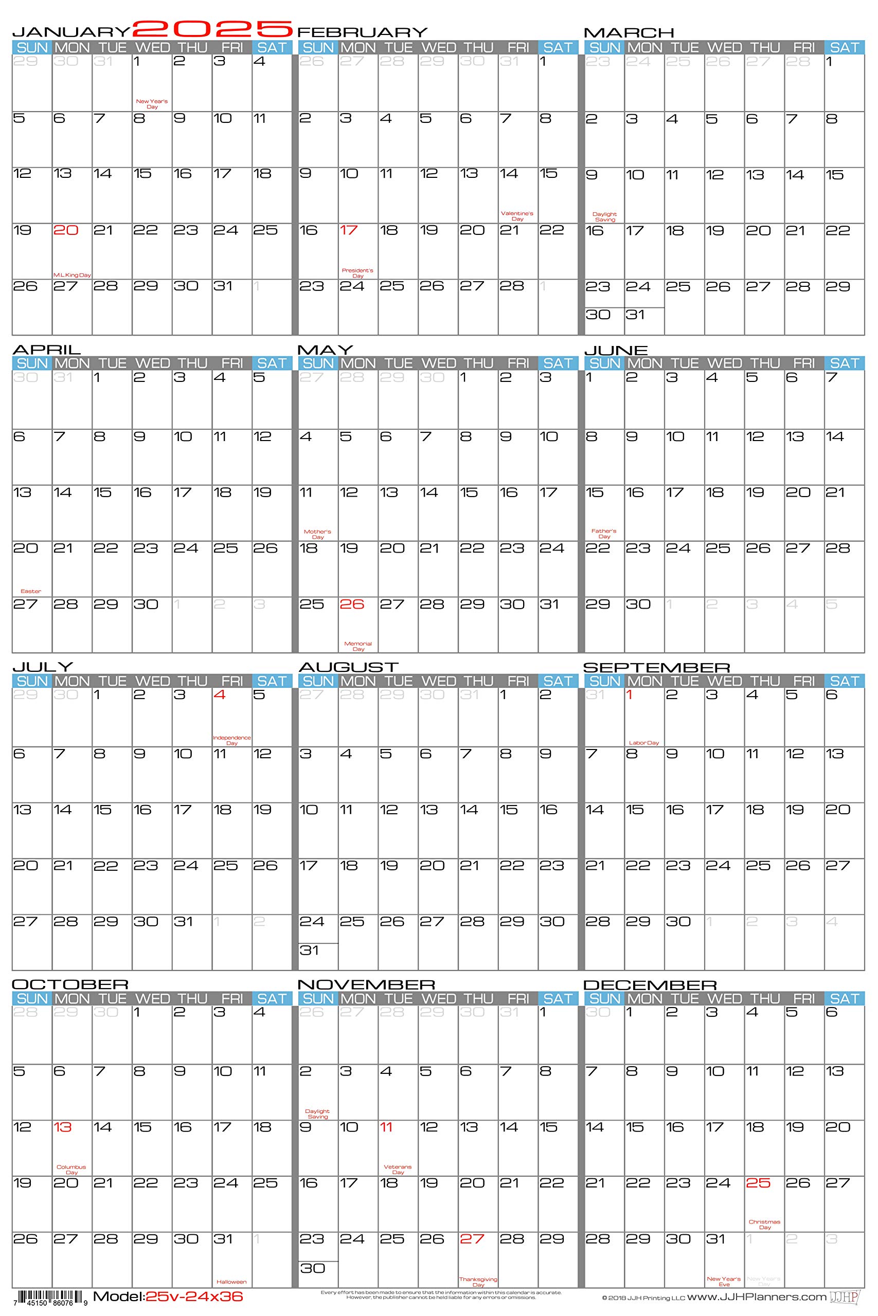 JJH Planners - Laminated - 24" X 36" Large 2025 Erasable Wall Calendar - Vertical 12 Month Yearly Annual Planner (25v-24x36)