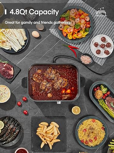 Miniatura 4 de FOHERE Olla eléctrica de 4.8 cuartos de galón, olla eléctrica antiadherente de cerámica para cocinar, olla eléctrica Shabu Shabu Shabu de 1300 W con