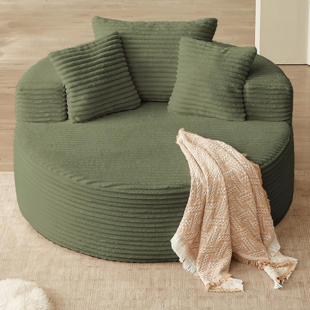 Oversized Round Chair Lounge Chaise Indoor, Upholstered Corduroy Deep Seat Cloud Large Circle Sofa Chair, No Assembly Required, Fluffy Modern Sleeper Sofa Bed for Reading, Living Room, Bedroom, Green