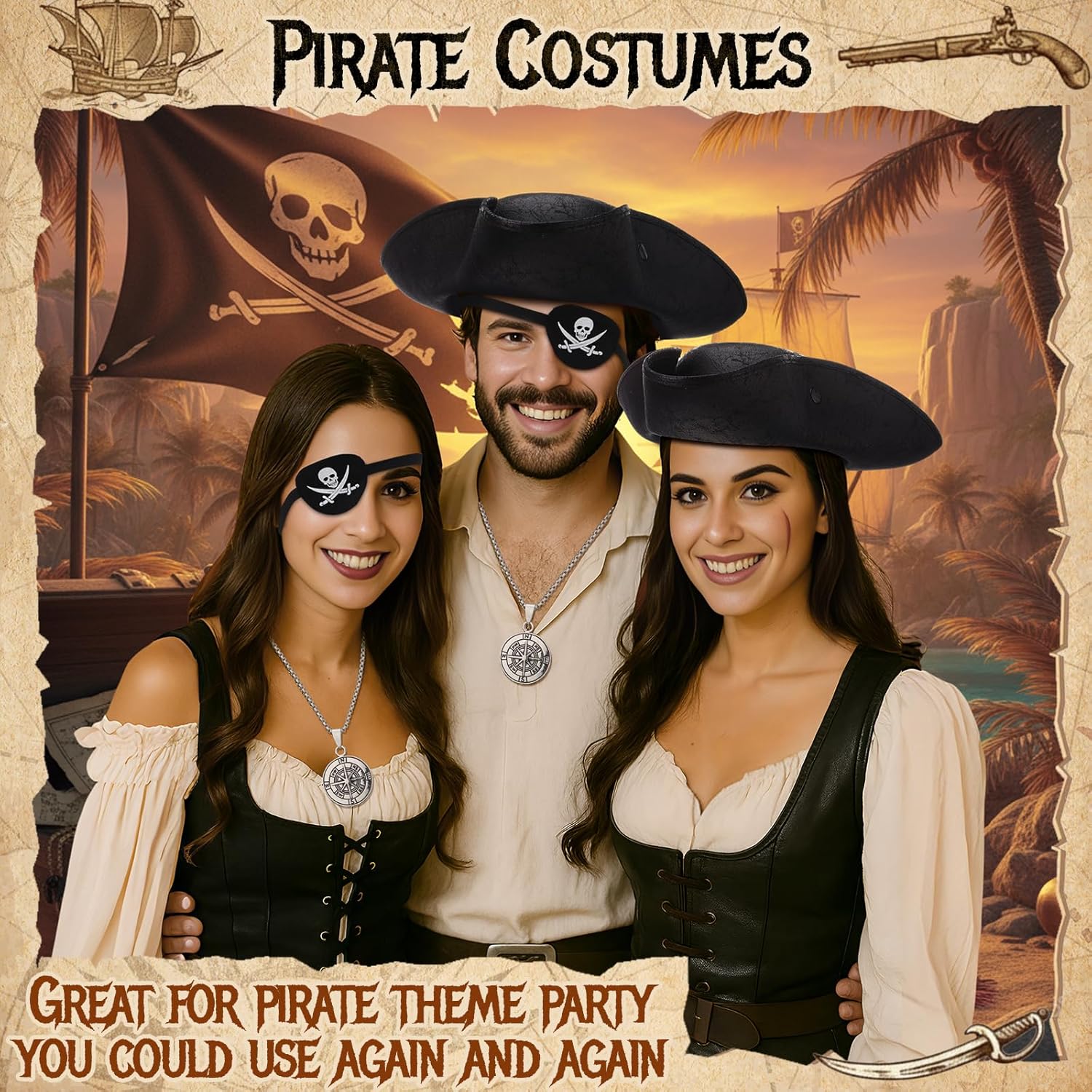 Pirate Hat Pirate Costume Accessories Leather Tricorn Hat Necklace Eye Patch Mardi Gras Party Men Women Distressed - Image 4