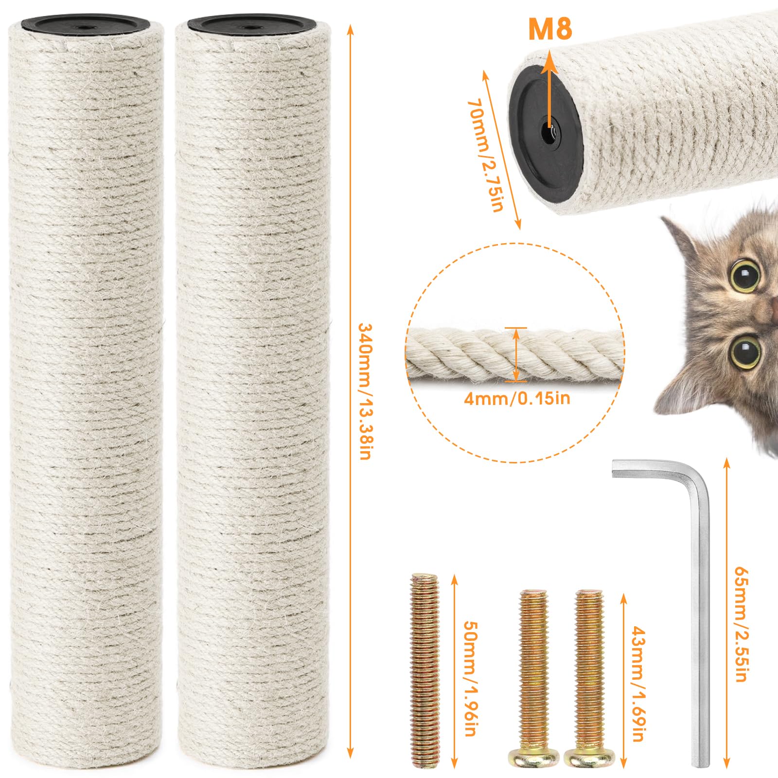 Rascador de repuesto para rascador, 2 unidades, tronco de sisal, diámetro de 7 x 34 cm, sisal, altura de pila 70 cm, con tornillos M8 y llave