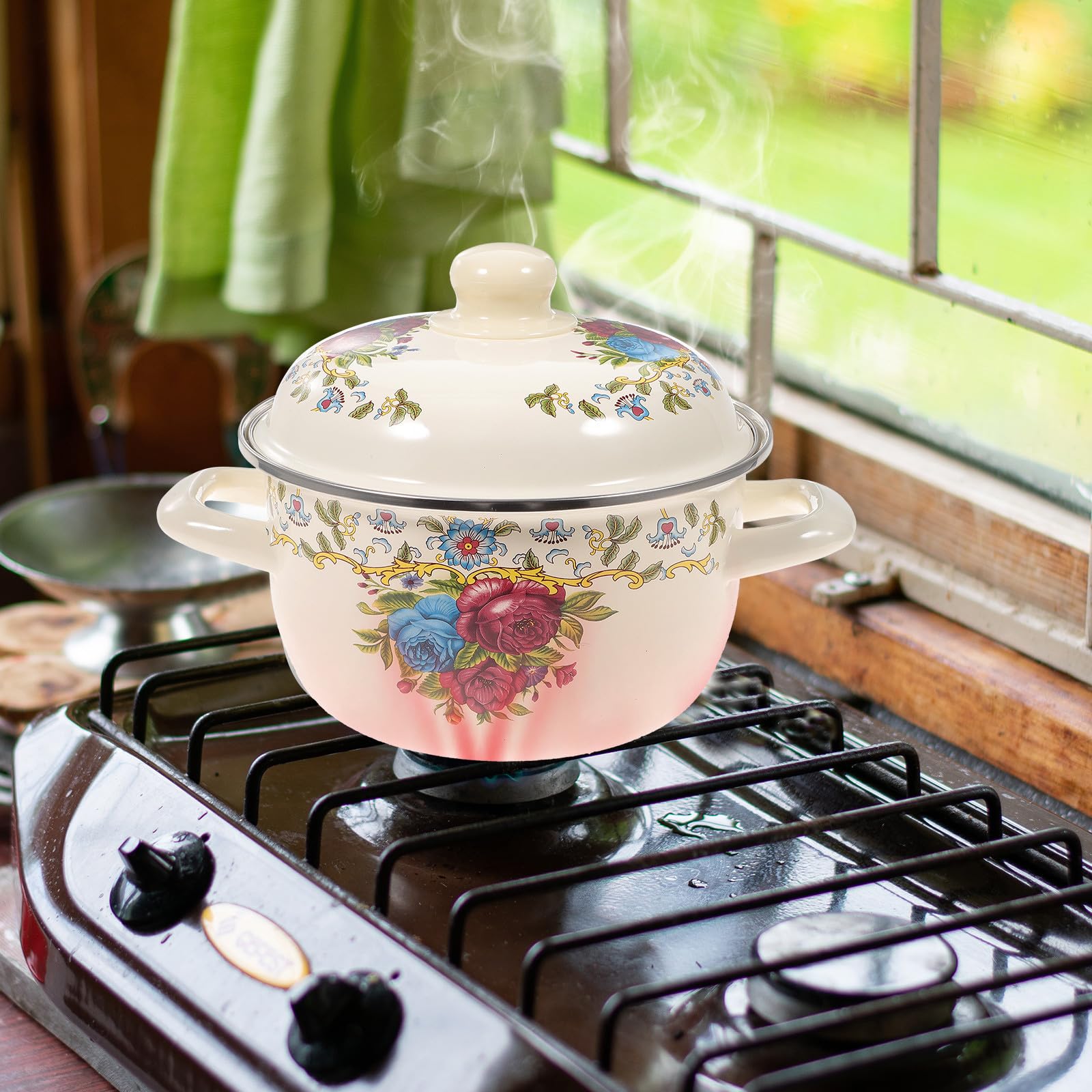 FOMIYES Emaillierter Suppentopf 18cm Hitzebeständig mit Deckel und Doppelgriffen Emailliertes Kochgeschirr für Hausküche und Vielseitiges Kochen Zufällige Farbe