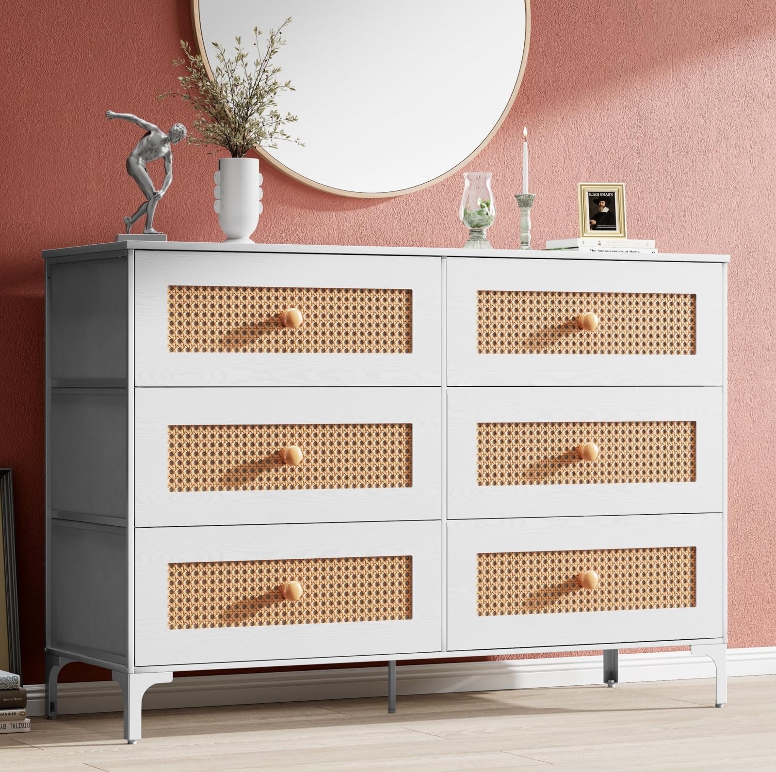Crestlive Products Rattan Dresser, 6-Drawer Dresser for Bedroom Modern Wide Storage Chest Organizer Unit with Fabric Bins (White)