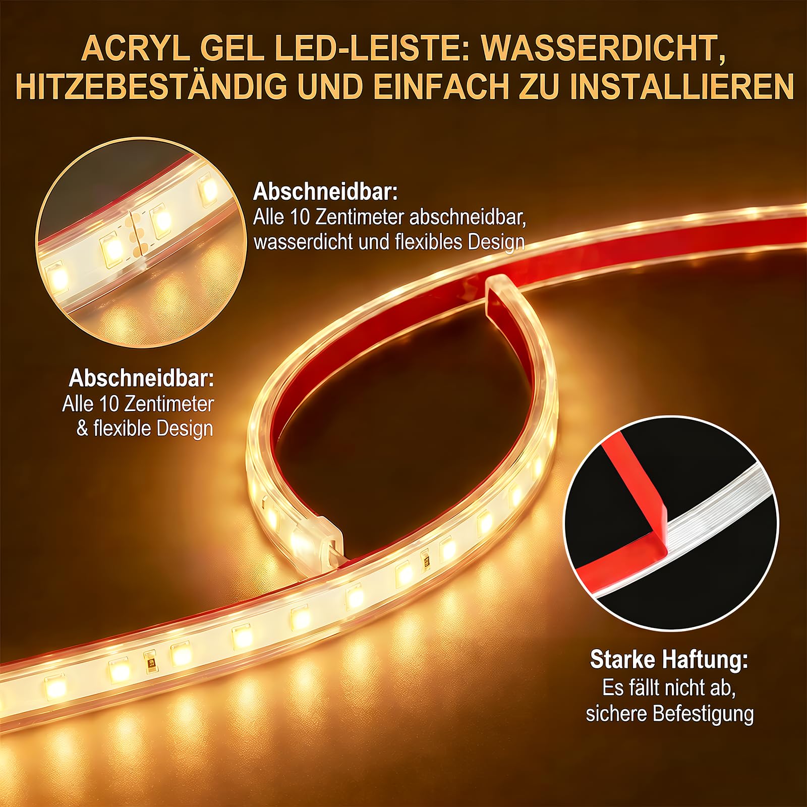 Outdoor LED Streifen 230V Warmweiß 5M Selbstklebend, SMD 2835 120 LEDs/m, 230V LED Strip für Garten & Fassade, IP67 Wasserdicht Lichtband (Warmweiß, 5 m)