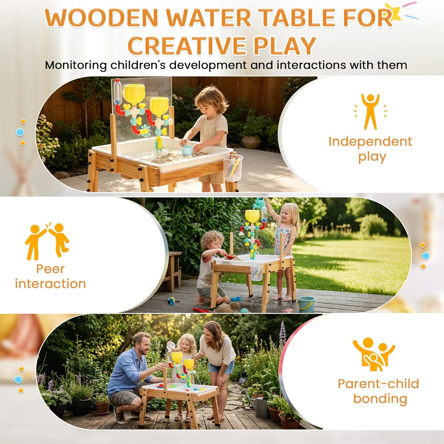 30 Pcs 4 in 1 Wooden Sand and Water Table, Wooden Water Tables for Kids Outdoor Play, with Pipes, Valves, Waterwheel Toys and Acrylic Activity Board, Wooden Sensory Play Activity Table, Ages 3+