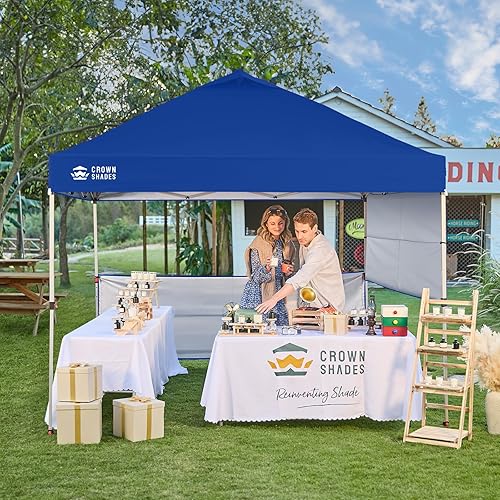Miniatura 2 de CROWN SHADES Tienda de campaña desplegable de 10 x 10 pies con tela revestida de plata 150D, incluye 2 medias paredes laterales, 4 cuerdas, 8 Azul