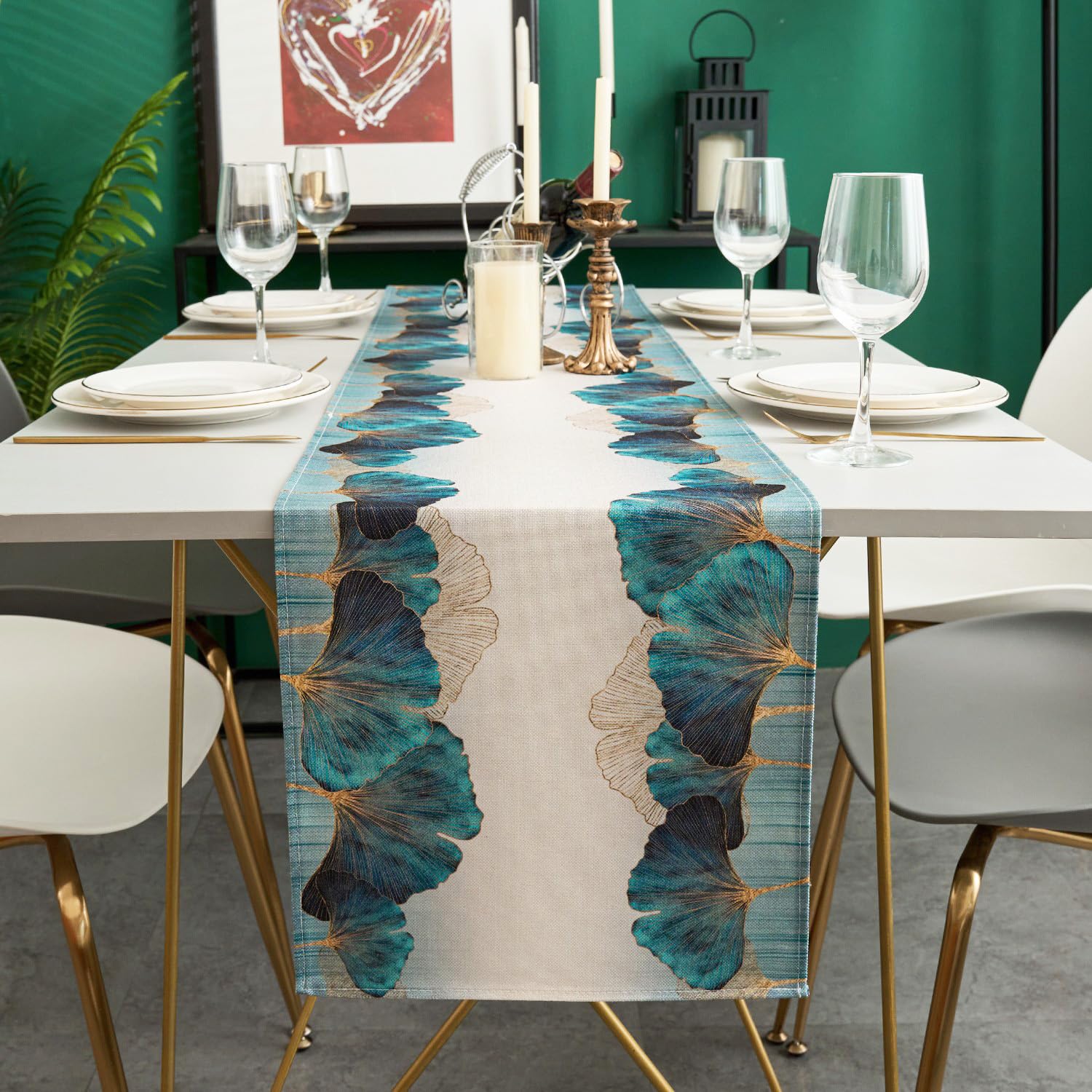 Kiatuniya Camino de Mesa Moderno Verde Turquesa Dorado Ginkgo Estilo Vintage Rústico Lavable para Cumpleaños Bodas Vacaciones para Fiestas Hogar Cumpleaños Bodas Vacaciones 40x140cm