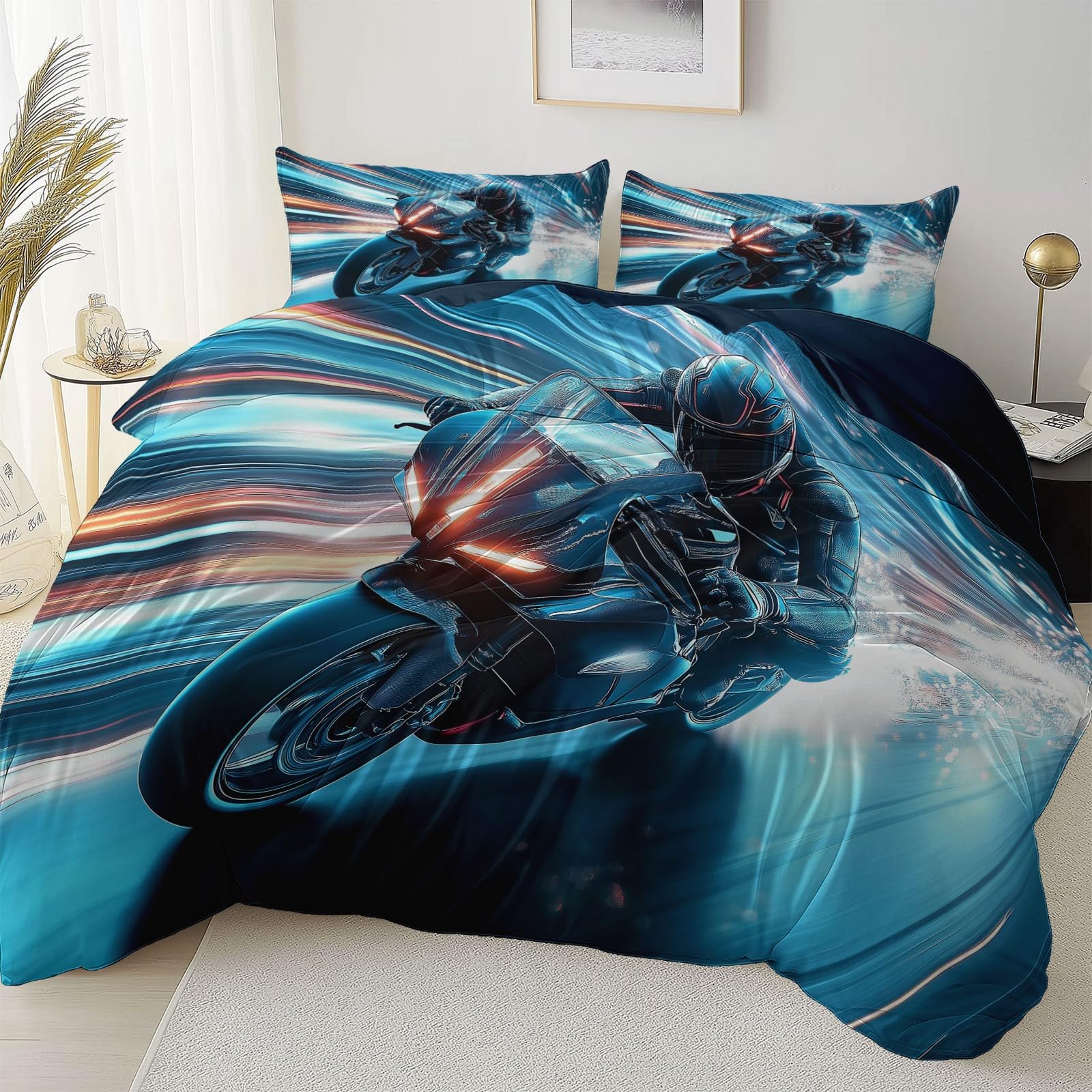 Zestaw pościeli Speed Motorcycle Technology miękki nadruk zestaw pościeli ze szczotkowanej mikrofibry poszewka na kołdrę z poszewkami na poduszki 230 x 220 cm, prezenty dla mamy, dekoracja sypialni
