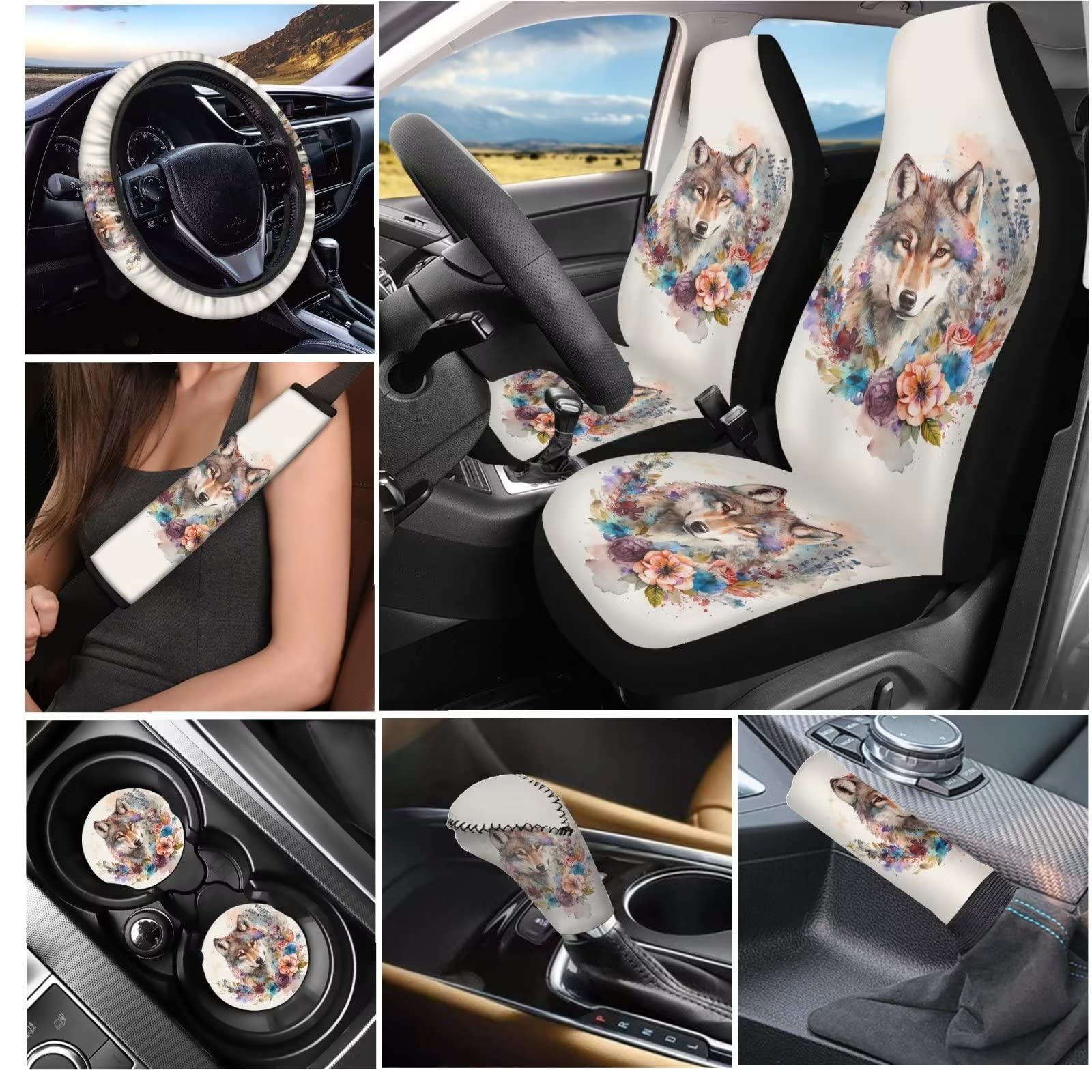 Tupalatus Auto Front Seat Covers Steering Wheel Cover,Seat Belt Shoulder Pads,Cup Holder,Gear Shift Knob Cover,Car Handbrake Protector Full Set of 9 Pieces for Women Gifts, Retro Wolf Floral Beige