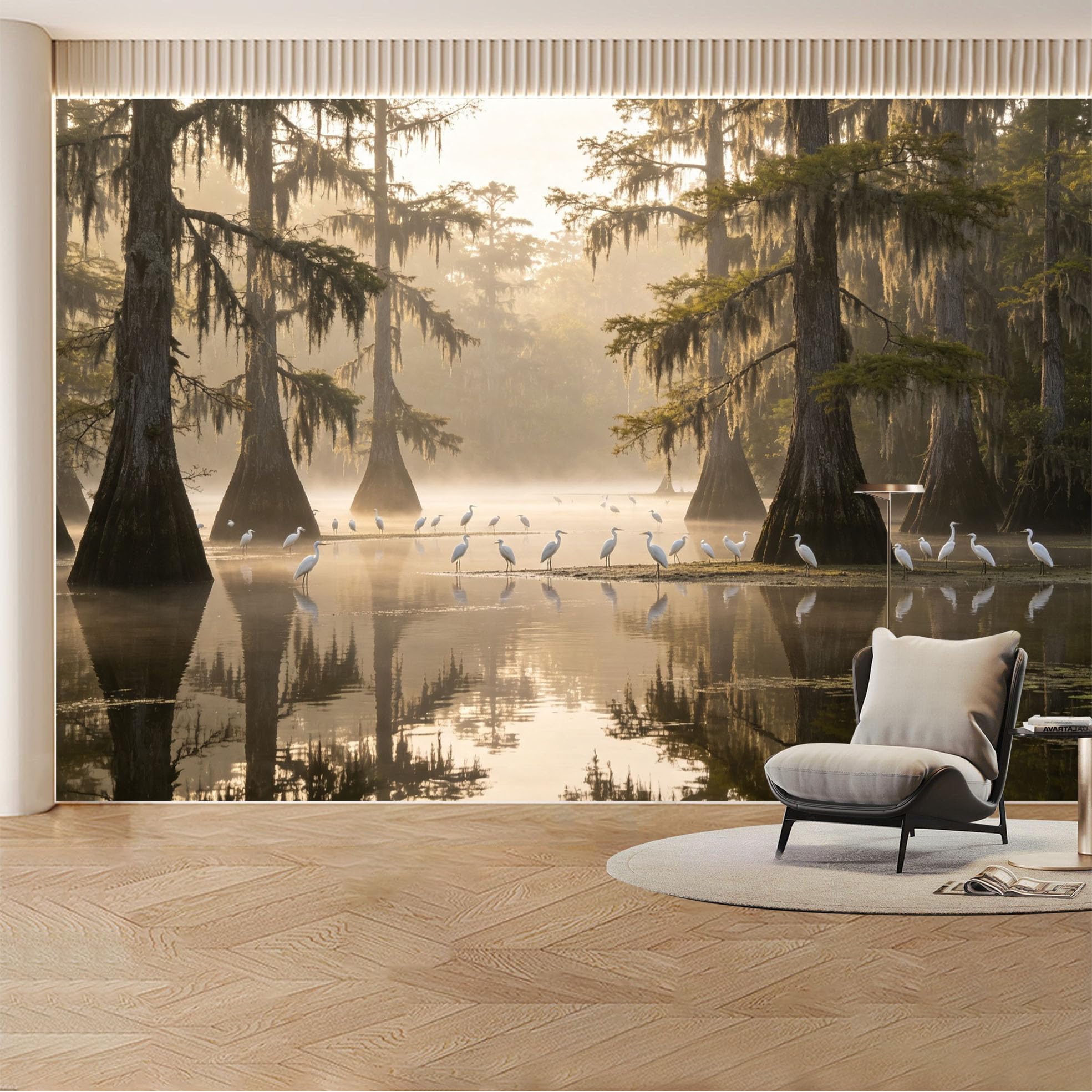 Custom Wall Mural Wallpaper Swamp Birds Landscape Nature 3D Effect Wall Decor Misty Tropical Removable SelfAdhesive Large Photo for Living Room， Bedroom， Office