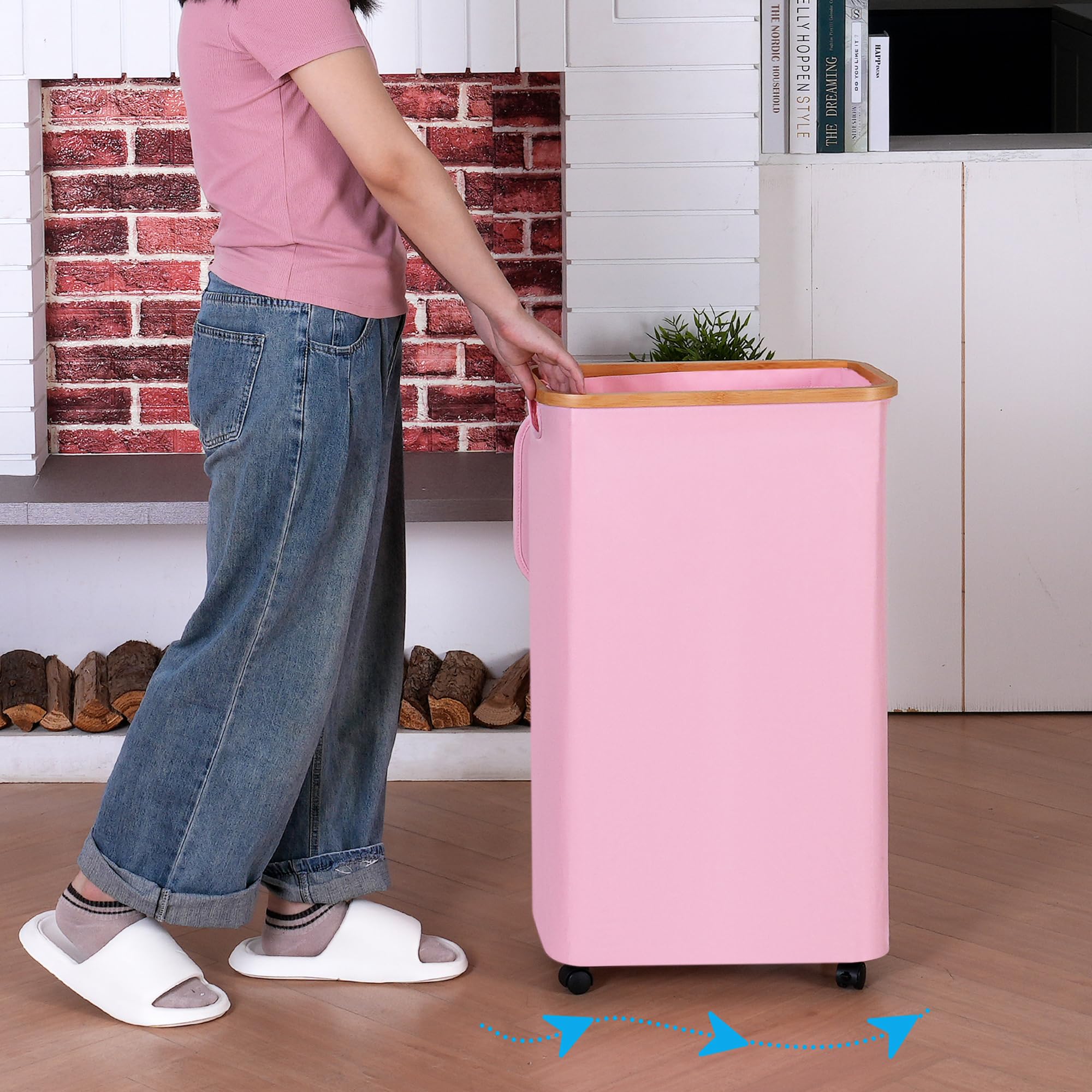 iEGrow Wäschekorb mit Rollen 75L, Wäschesammler Schmal mit Herausnehmbarer und Waschbarer Innentasche, Laundry Baskets Wäschekörbe mit Deckel für Kleidung, Spielzeug, Handtücher (Beige)