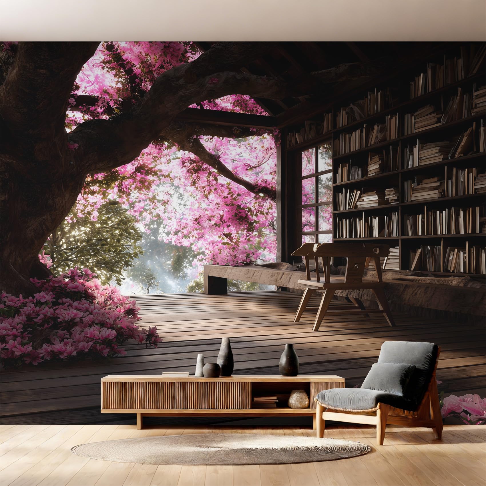 Forest Bookcase Wallpaper for Living Room, Vintage Bookshelf Library Wall Mural, Non-Woven Photo Wallpaper for Bedroom, Home Decor Wall Paper 375 x 250 cm (W x H) Y&W67