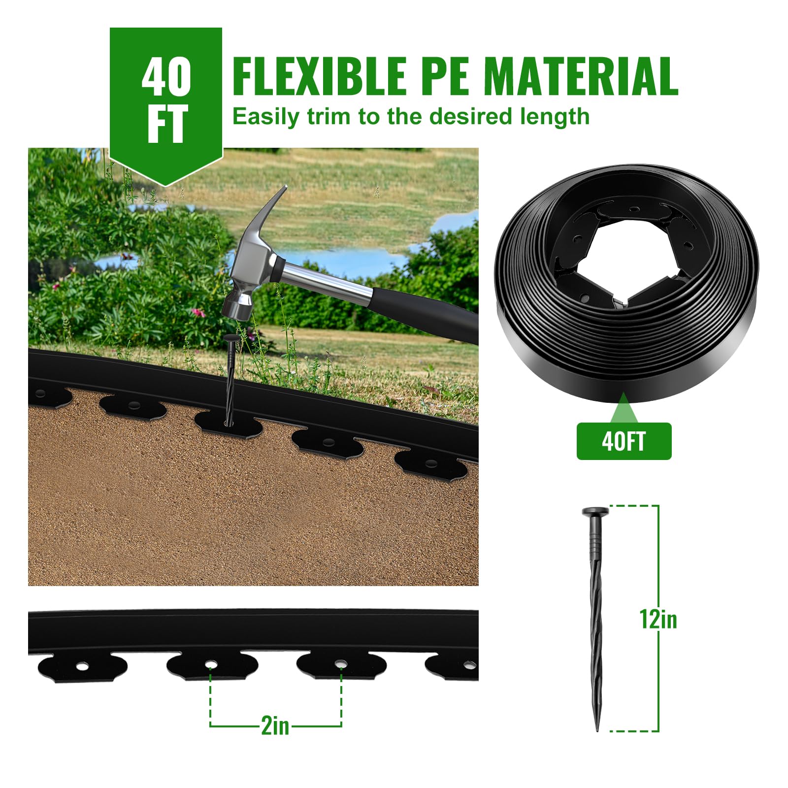 LMYYGOO 2in Landscape Edging Border 40 FT with 40 Spikes, Black No-Dig Garden Edging Lawn Border - Perfect for Creating Clean Lines and Definite Borders for Your Landscaping,Yard, and Pathway