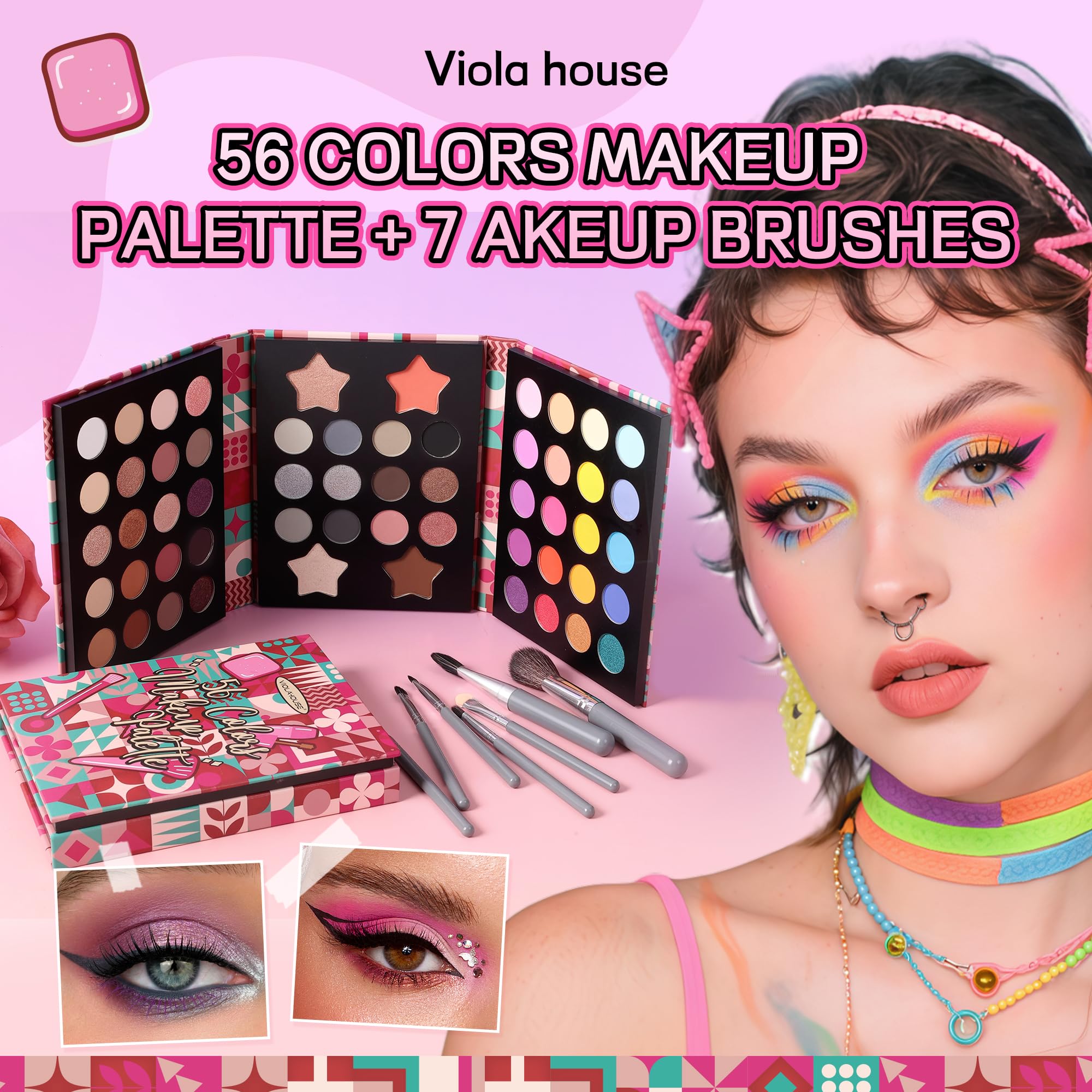 VIOLA HOUSE 56 Colors Eyeshadow Palettes,Makeup Kit Matte Glitter Shimmer Eye Shadows - Image 4