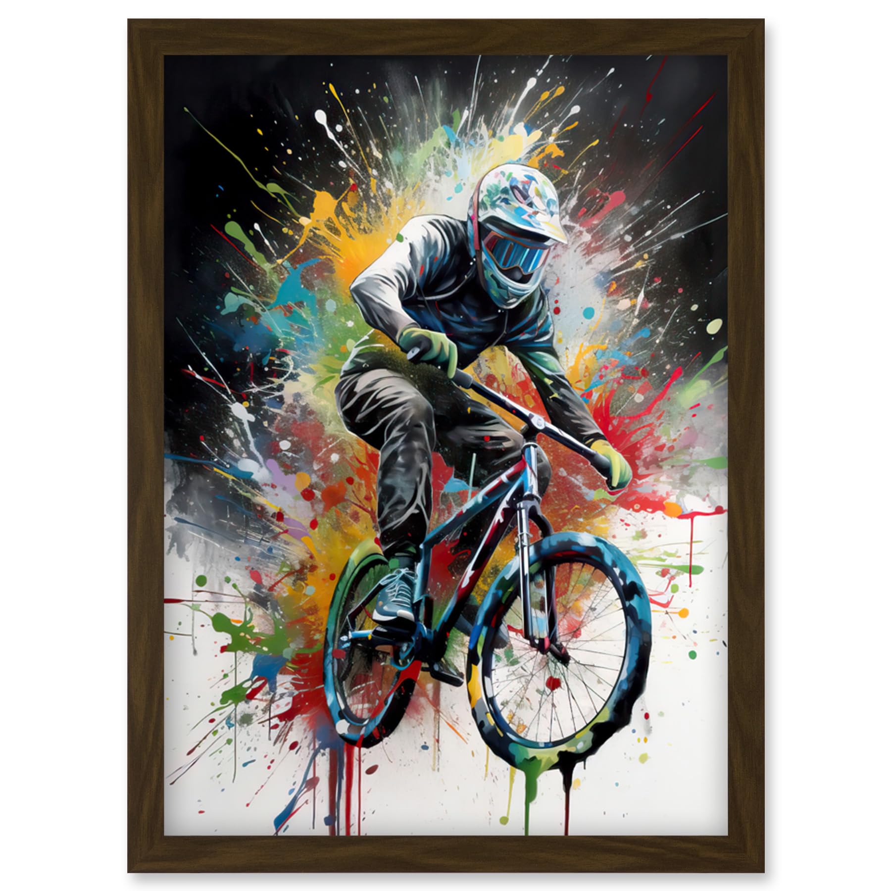Artery8 Mountain Biking Extreme Sport Paint Splat Portrait Artwork Framed Wall Art Print A4