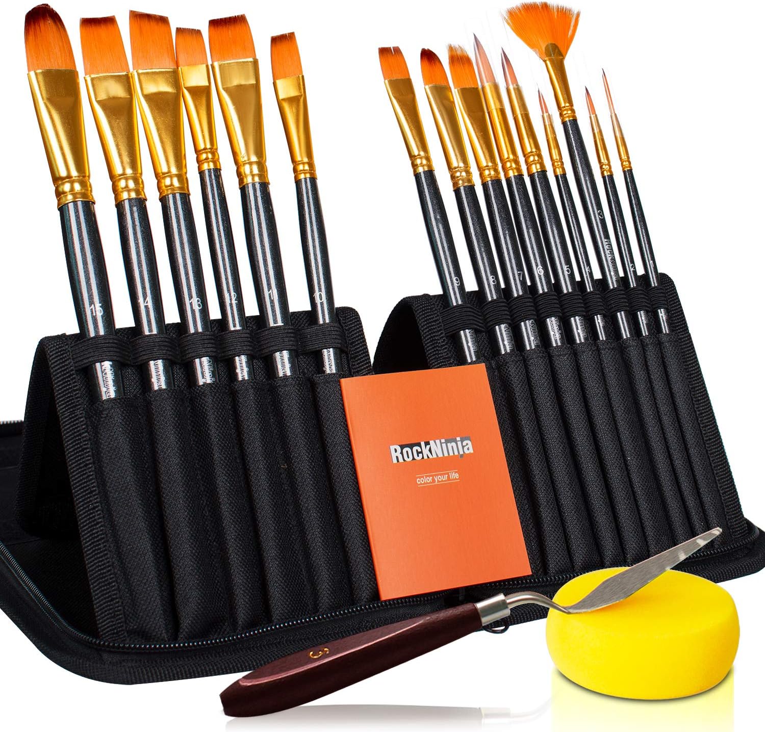Rock Ninja 15Pcs Artist Paint Brushes Set Includes Pop-up Carrying Case,for Acrylic, Oil, Watercolor, Creative Body Paint and Gouache Painting