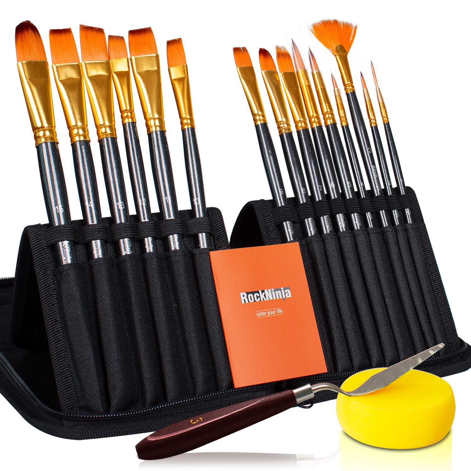 Rock Ninja 15Pcs Artist Paint Brushes Set Includes Pop-up Carrying Case,for Acrylic, Oil, Watercolor, Creative Body Paint and Gouache Painting