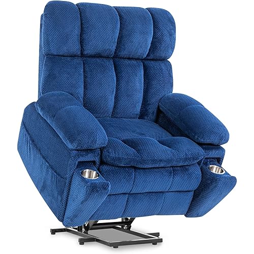 Power Lift Recliner Chair for Elderly,Oversized Recliner with Massage and Heat Extra Wide,Adjustable Headrest,USB Ports,Type C,Hidden Cup Holders,Side Pocket,Navy Blue