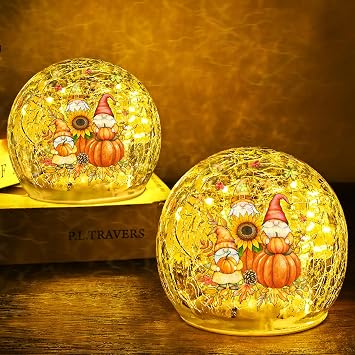 FRAMICS 2 PCS Fall Decorations for Home 4" Gnome Pumpkin Crackle Glass Balls Led Globe Light with Timer Thanksgiving Decorations Lighted Fall Decor Thanksgiving Centerpieces for Tables Gift
