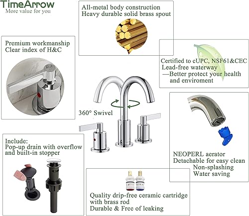 Miniatura 4 de TAF830C-CP - Grifo de lavabo de baño de 2 manijas cromadas, 3 agujeros con drenaje emergente, arco alto, moderno, 8 pulgadas, grifo de lavabo de