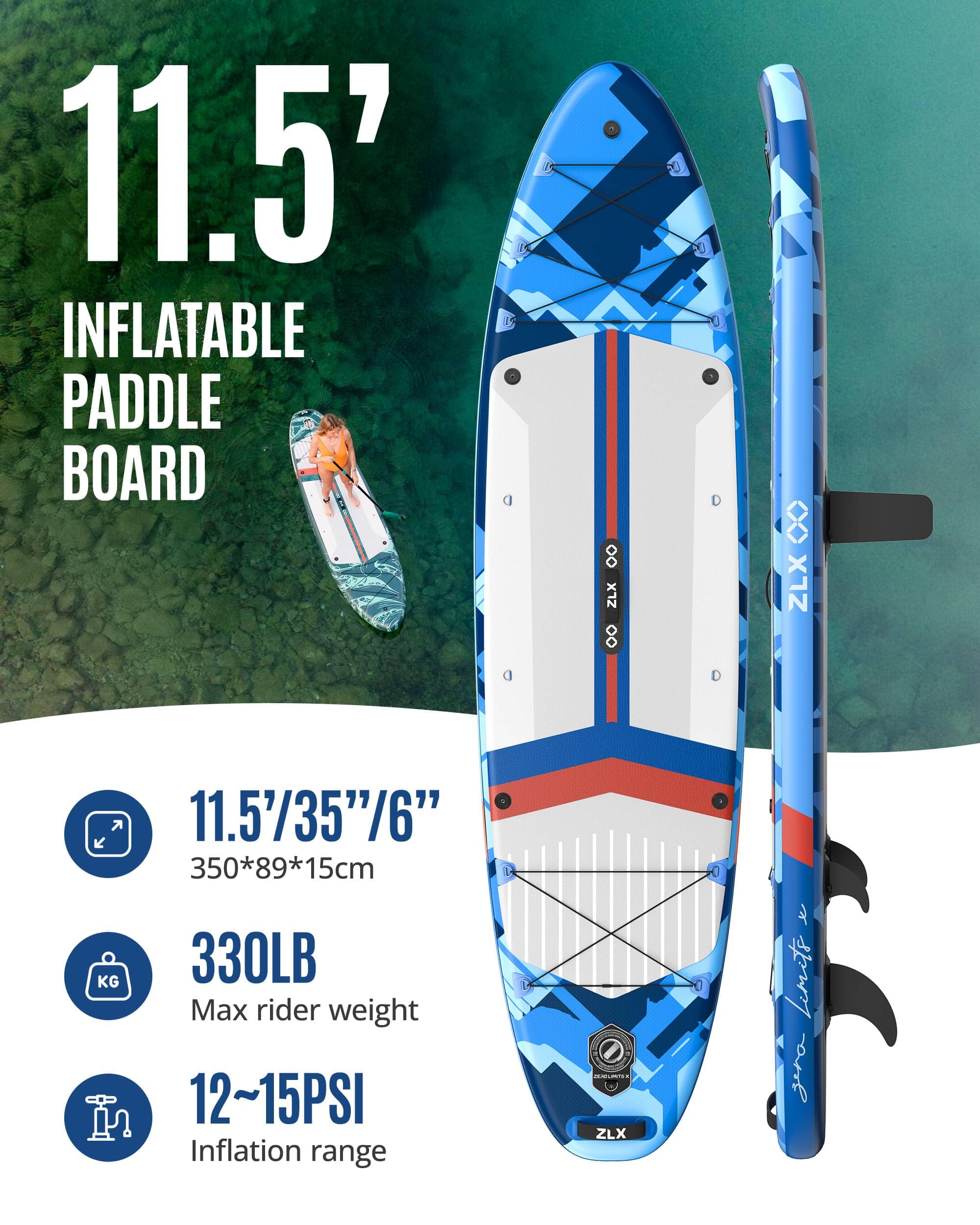 ZLX 350 CM Gonfiabile Stand Up Paddle Board Perfetto per tutti i livelli di abilità, adulti e giovani Ampio design stabile, copertura antiscivolo, pagaia regolabile, guinzaglio di sicurezza e borsa