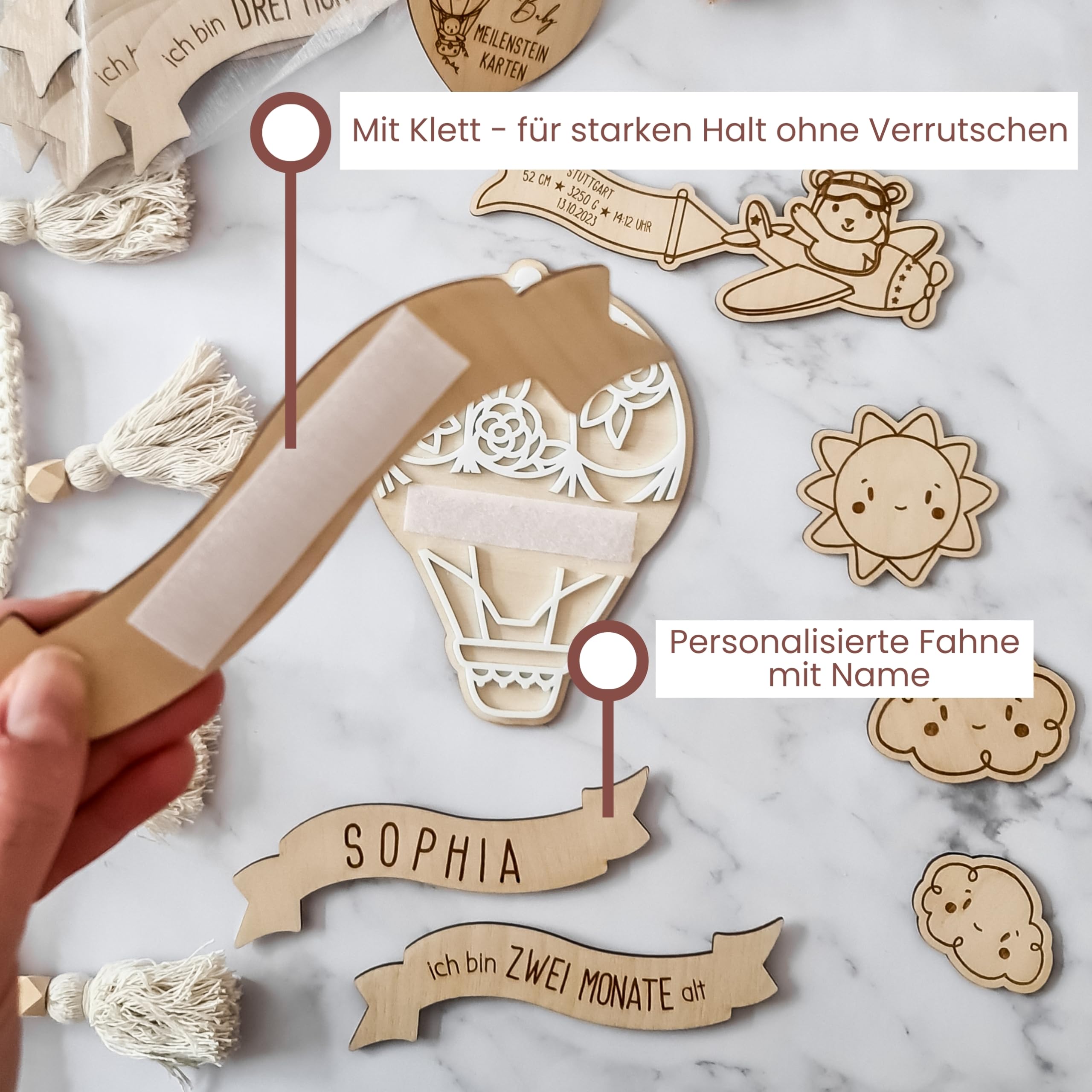 Meilensteinkarten Baby Holz 1-12 Monate personalisiert – Mädchen & Jungen Heißluftballon (Set 4) Komplett-Set)