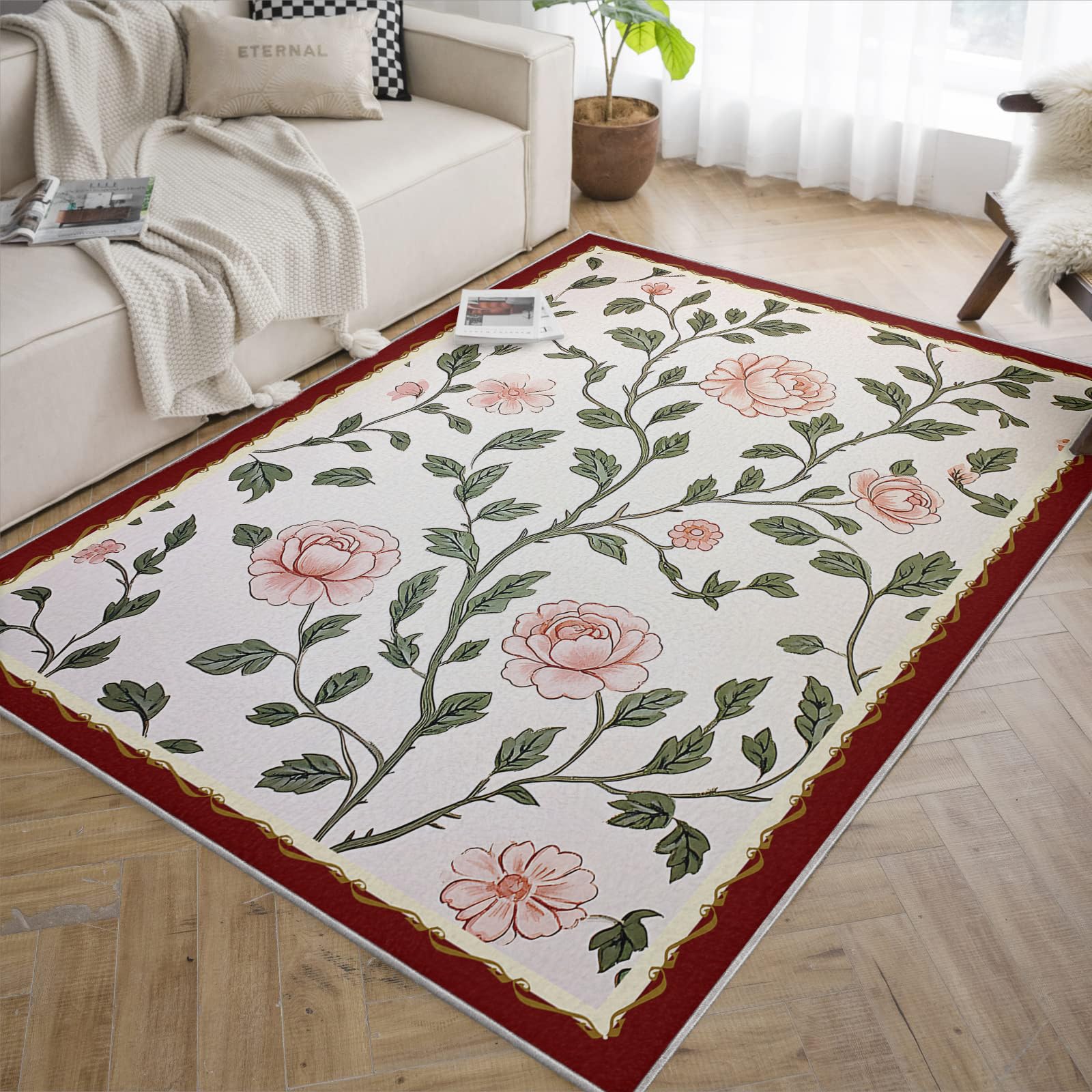 Tapis 160x200cm pour salon moderne et chambre avec motif floral lavable