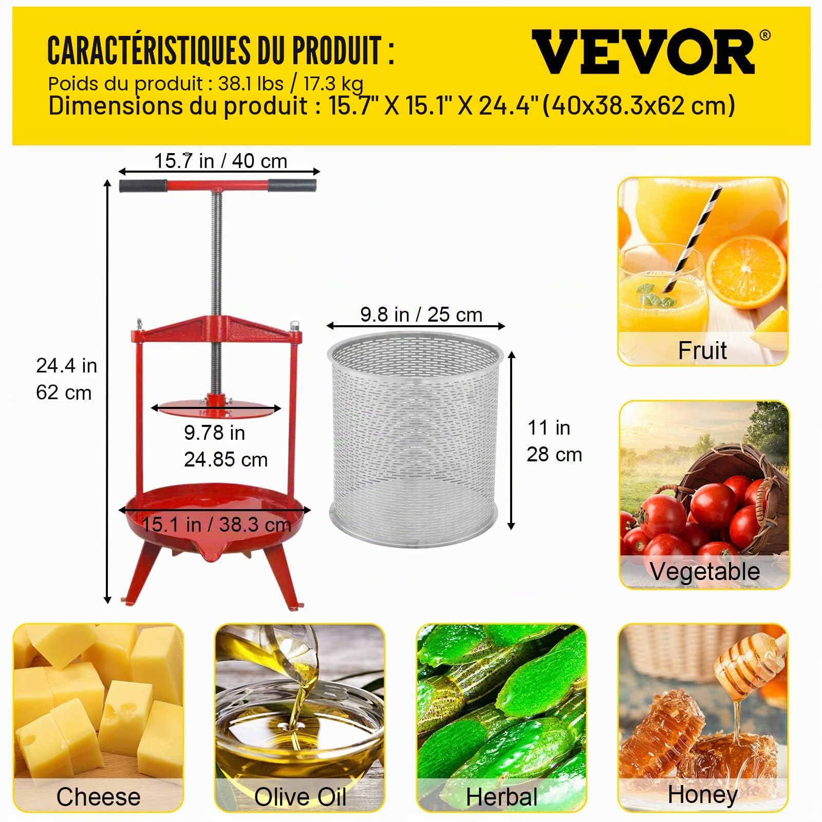 VEVOR Pressoir à Fruits Manuel 5 L, Presse à Vin avec 2 Barils en Acier Inoxydable, avec Poignée Triangulaire, Nettoyage Facile, Presse à Jus, Raisin, Cidre de Pomme pour la Cuisine et la Maison