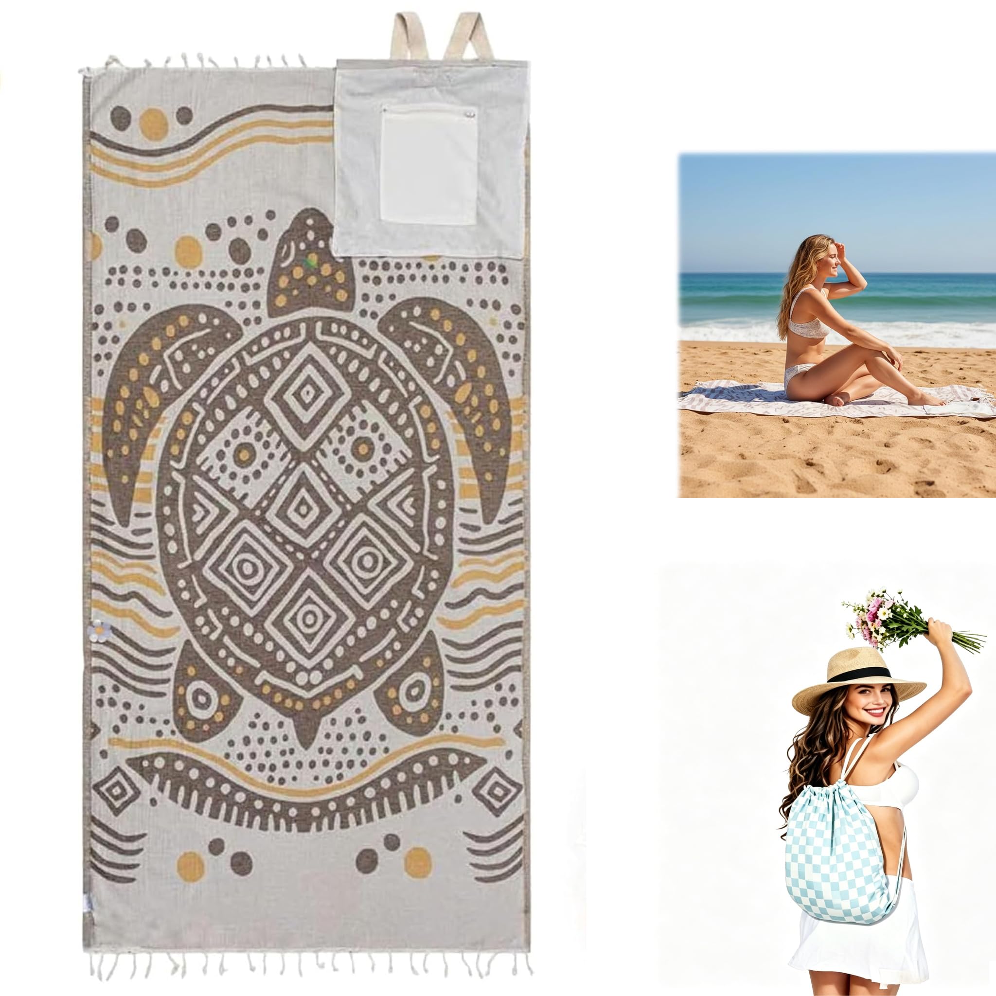 2-in-1 Convertible Towel & Backpack with Inner Zip Pocket & Sand-Repelling Fabric, Oversized Microfiber Wearable Beach Bag, Quick-Dry Packable Mat for Travel, Camping, Vacation & Cruise (B)
