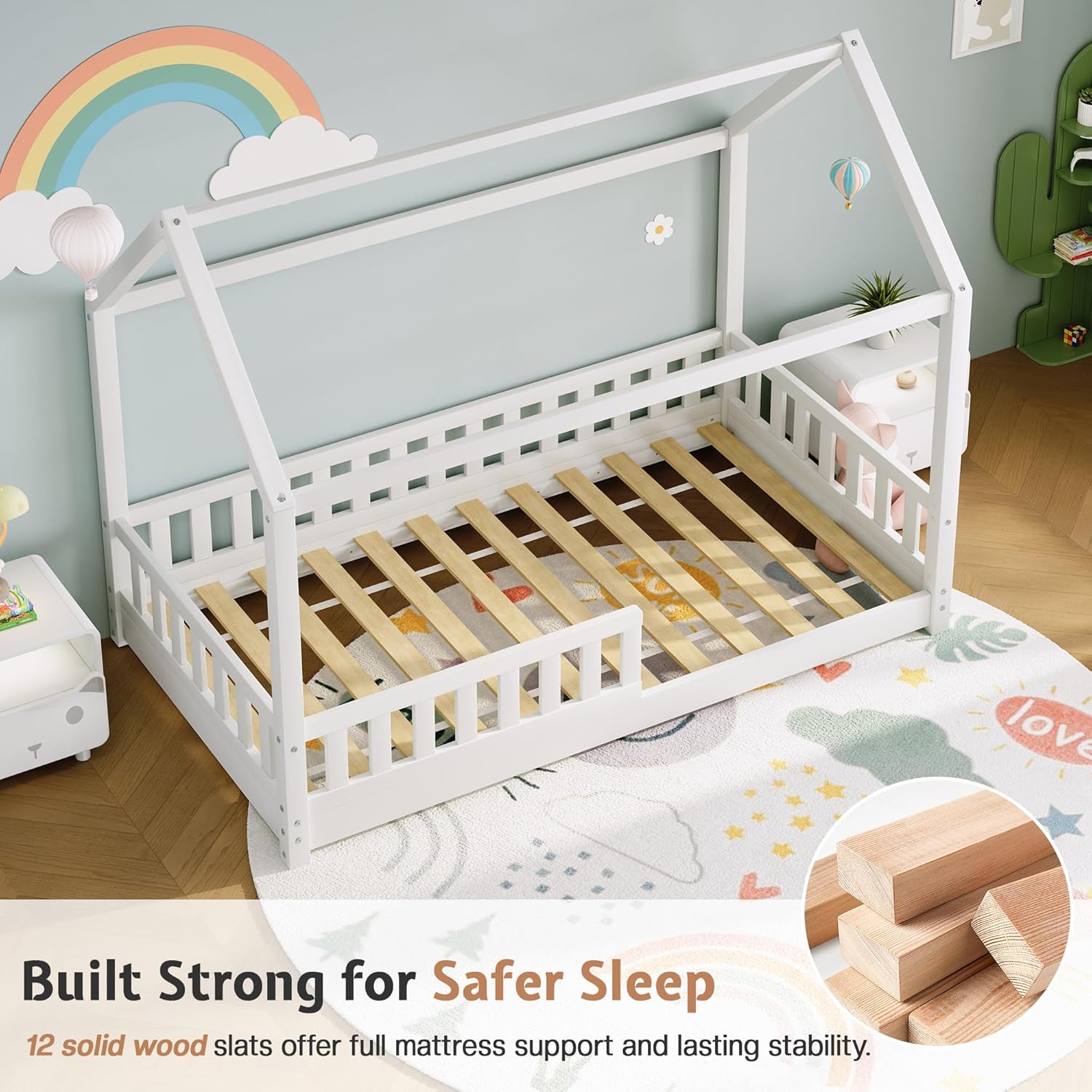 Jocisland Twin Size House Bed for Kids, Montessori 100% Wooden Floor Bed Frame with Guardrails, Removable Rails, Playhouse Roof, Easy Assembly, Toddler Floor Bed for Boys & Girls, White