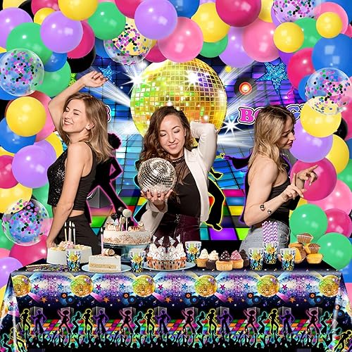 Miniatura 4 de Decoraciones de fiesta de los años 70, 280 piezas de decoraciones de fiesta de discoteca de los años 70, telón de fondo Let's Boogie, globos de
