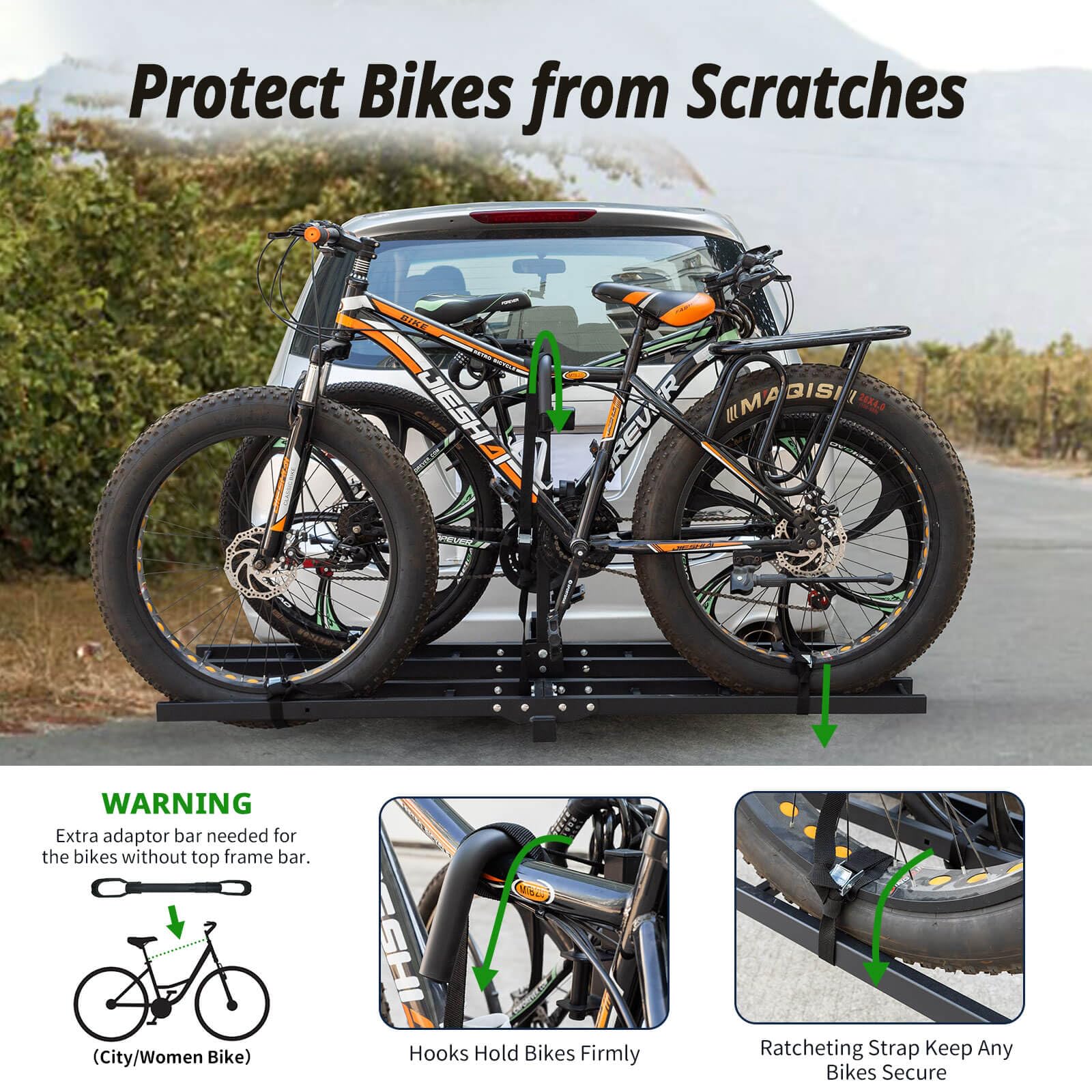 Supporto per gancio di traino con rampa per 2 biciclette, piattaforma per bici elettrica per pneumatici fino a 99,8 kg, pieghevole e inclinabile, per SUV, camion, camper, ricevitore da 5,1 cm