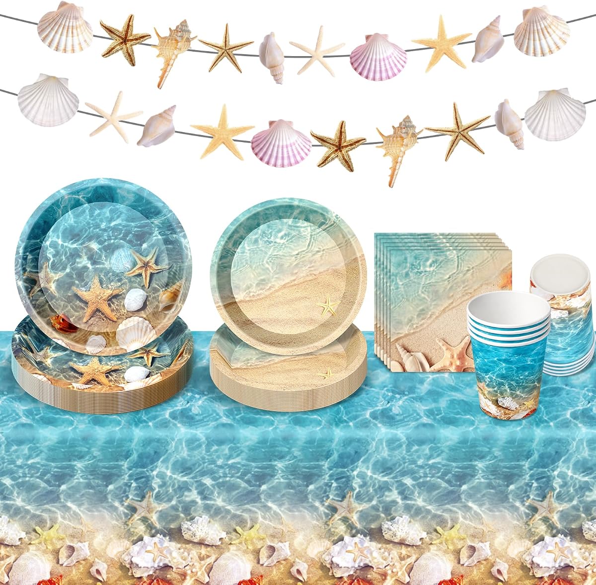 Decoraciones para fiestas temáticas de playa, servicio 24 | Platos de papel desechables, servilletas, vasos, mantel, pancarta para decoraciones de fiesta en la playa del océano
