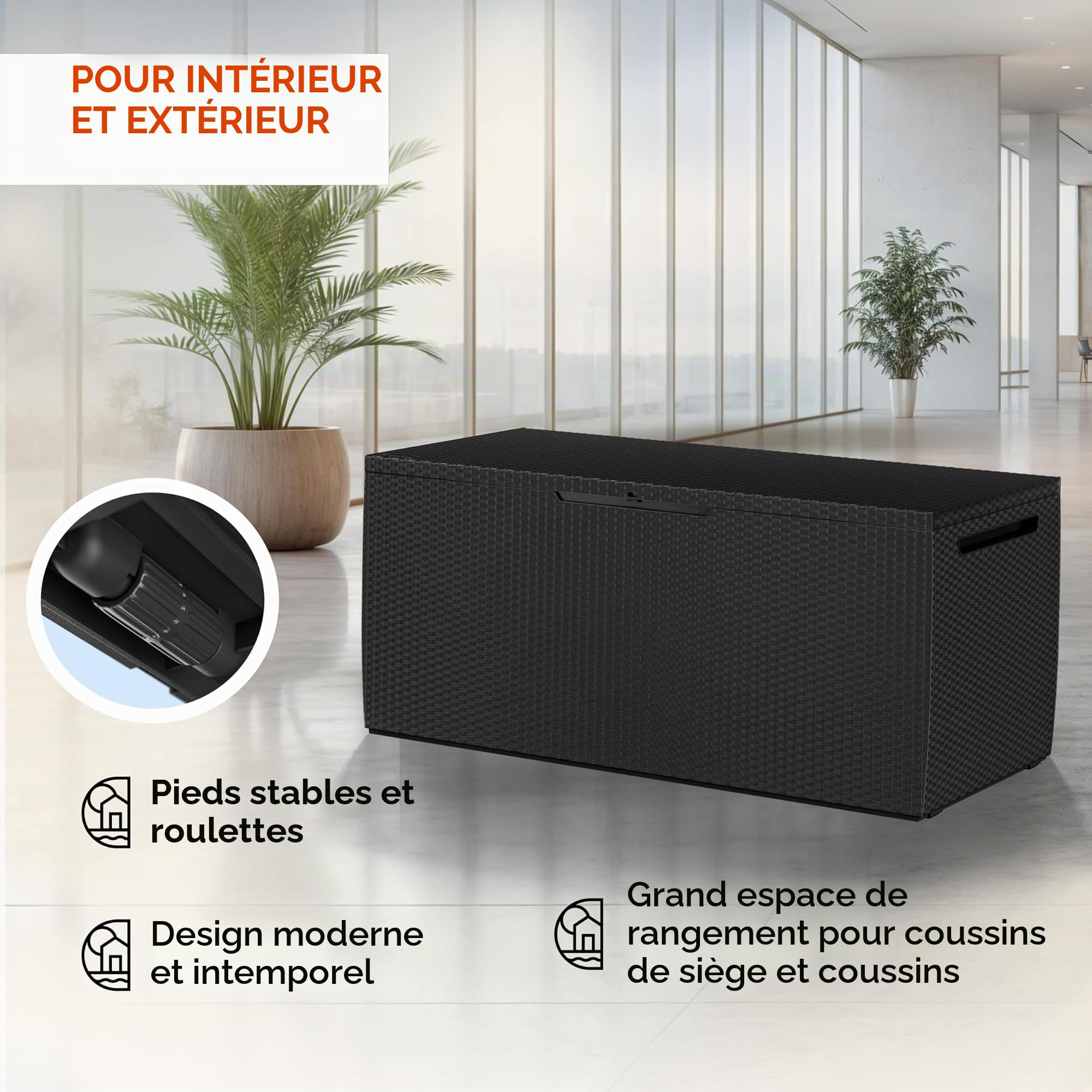 Deuba® Coffre de rangement jardin 310L Anthracite aspect rotin – Résistant UV avec roulettes et poignées – Coffre extérieur pour coussins, balcon, terrasse, véranda 123x53 cm