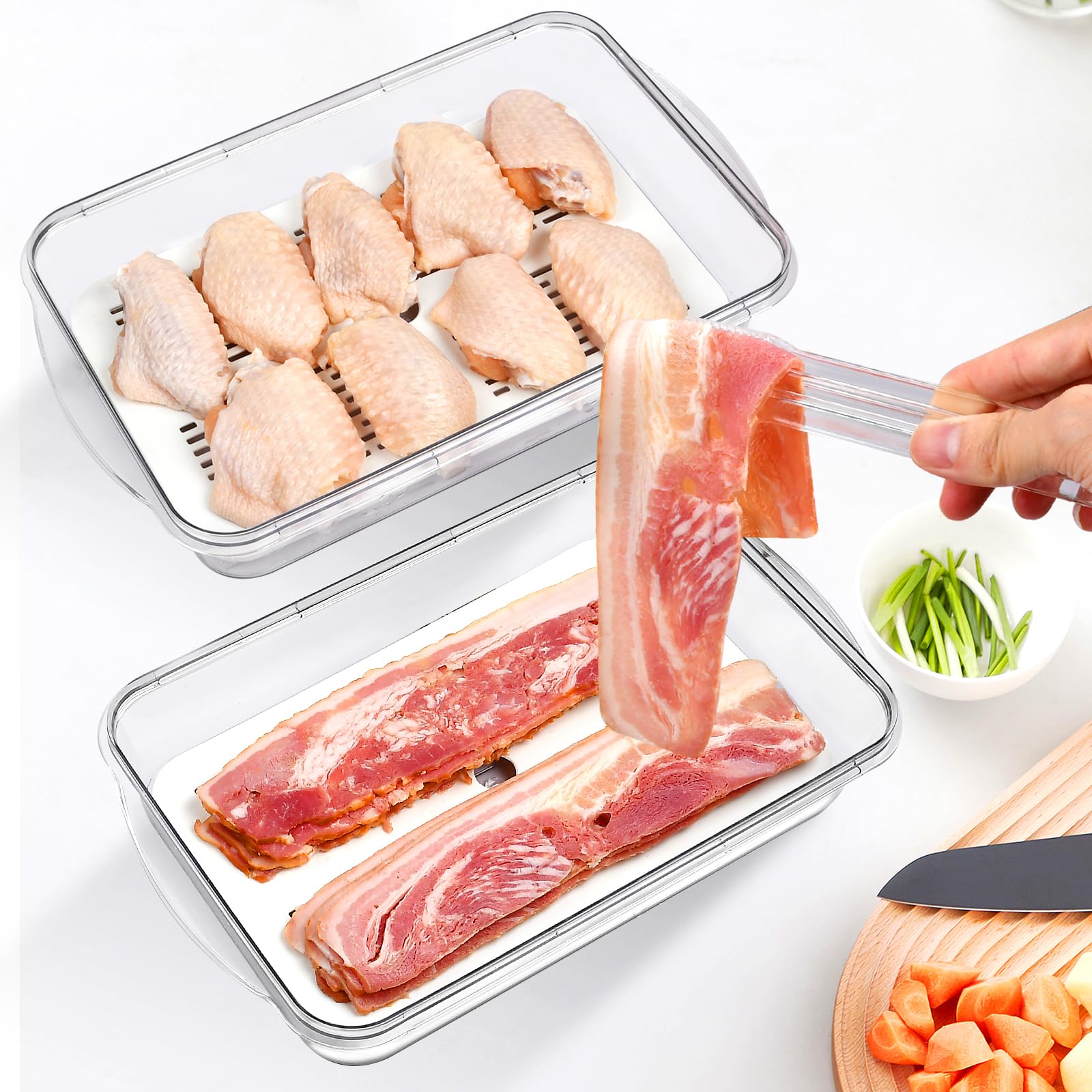 Recipiente de tocino para refrigerador, hermético de plástico grueso y con tapas para refrigerador, organizador de almacenamiento de alimentos para cortes fríos de cocina, soporte para tocino, 7