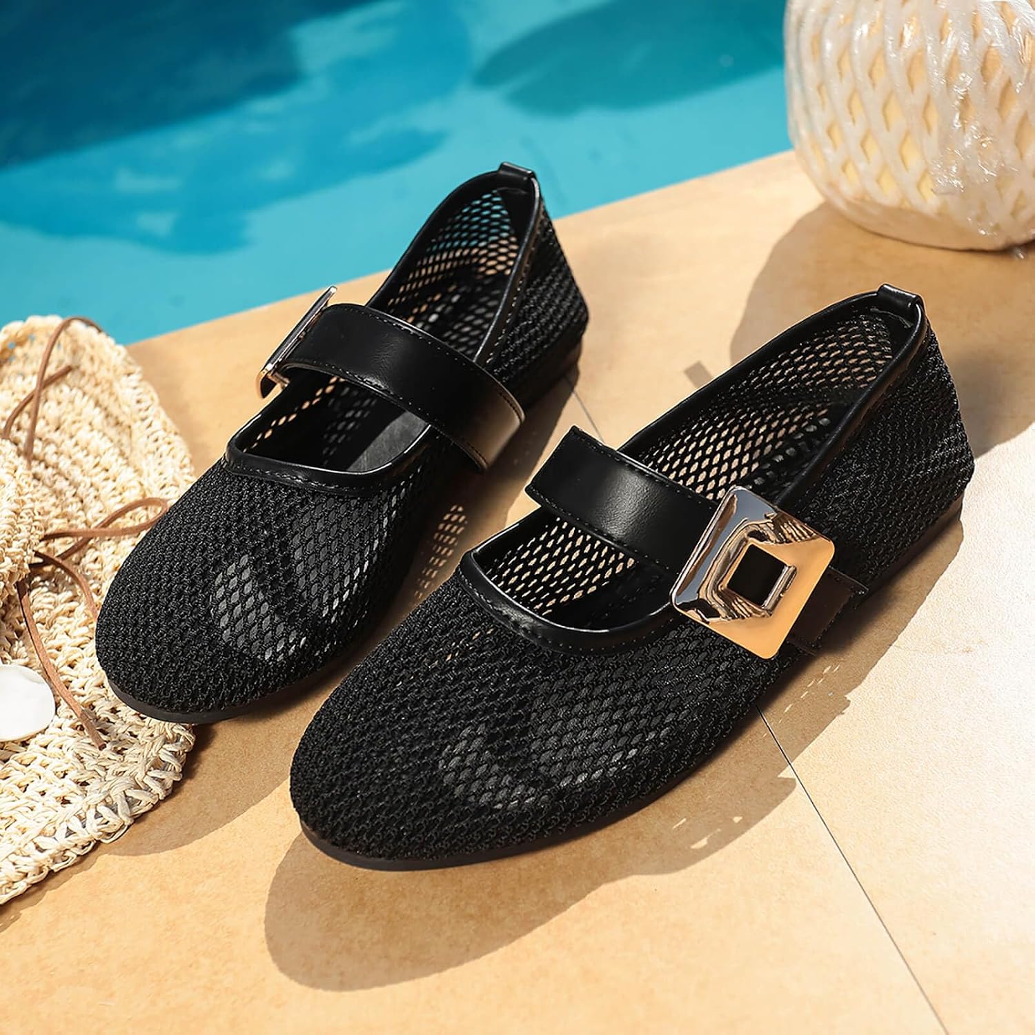 Women's Mesh Ballet Flats Black Comfortable Ballerina Buckle Strap Flats Ladies Fishnet Casual Elegant Mary Jane Dress Shoes
