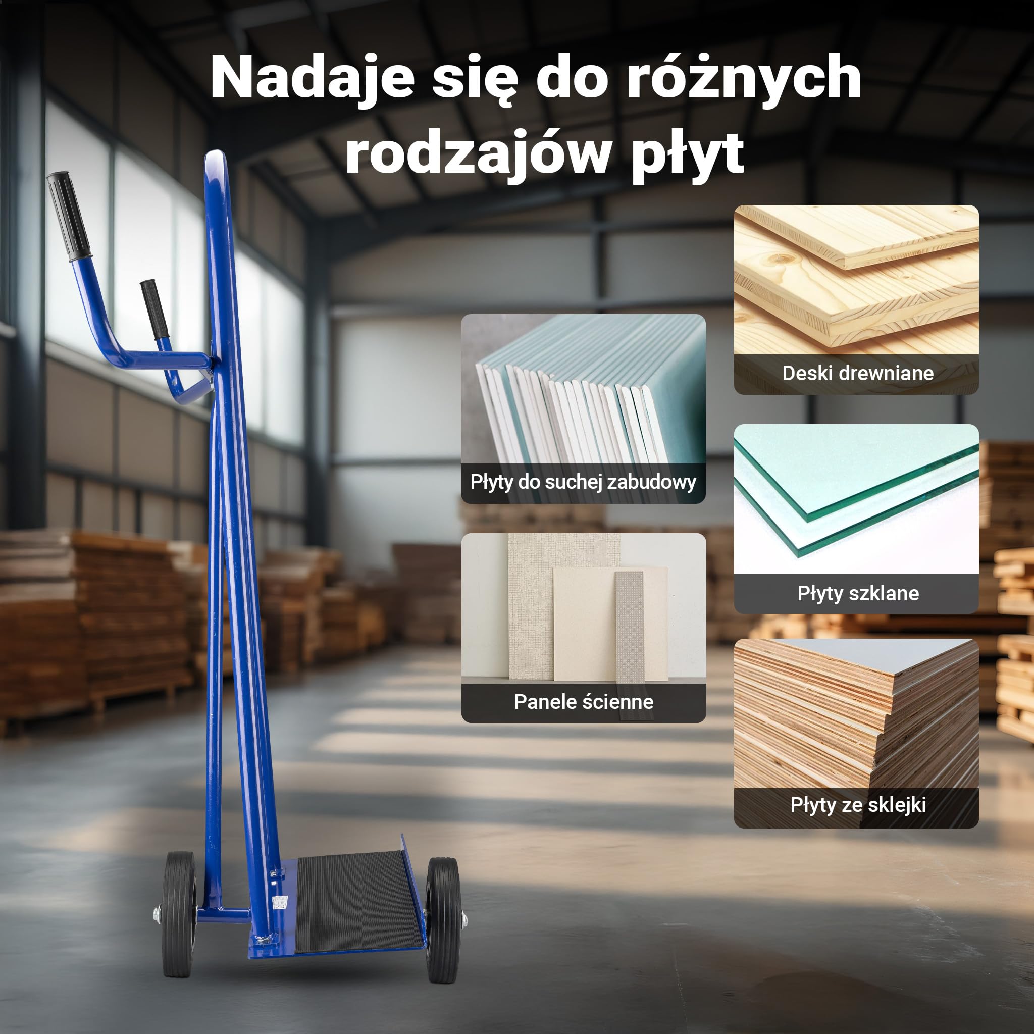 Wiltec Wózek transportowy do płyt maks. 300 kg, niebieski, 2 kółka, wąska konstrukcja, do transportu np. szyb, drwi, okien i płyt gipsowo-kartonowych,