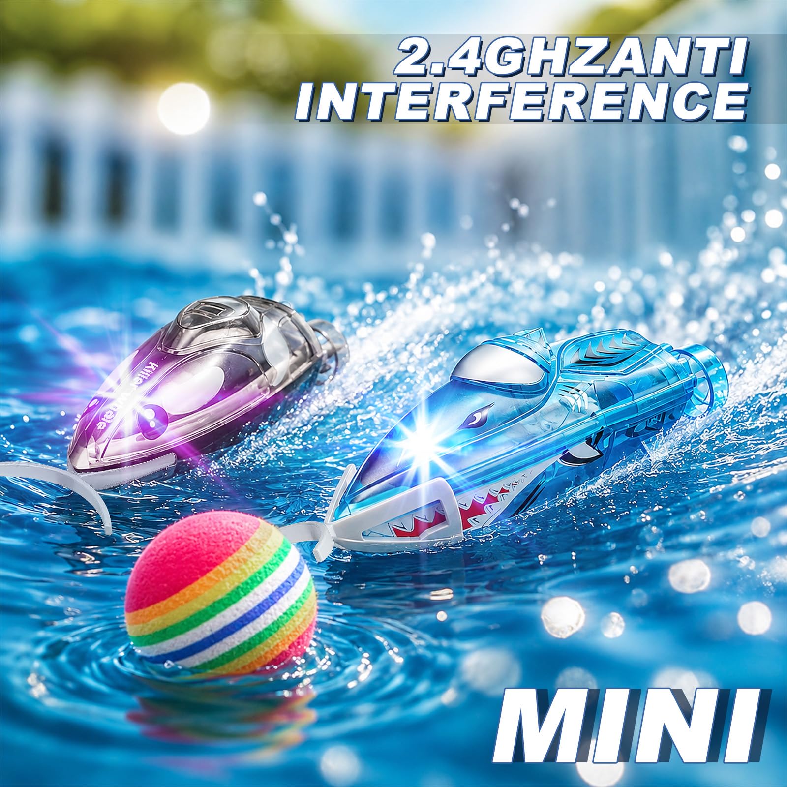 Mini Barco Teledirigido Pack de 2, Barco RC 2,4 GHz con Luces LED de Colores, Juego con Pelota de Espuma, Giro 360° y 2 Velocidades, con Piscina Hinchable, para Bañera y Piscina, Regalo para Niños